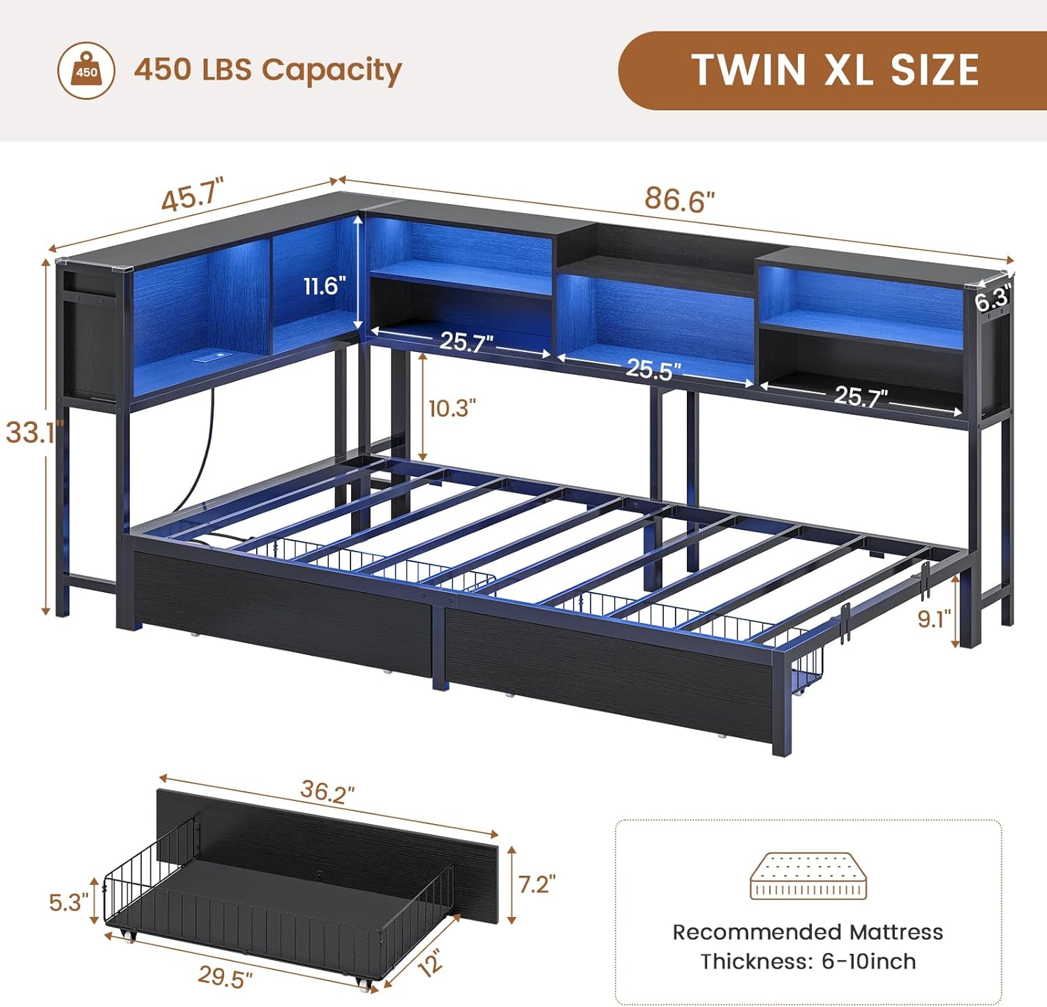 Mabor Metal Daybed Corner Bed Frame with 2 Drawers & Charging Station & Led Light &Bookcase Storage, Twin/Twin XL/Full Size