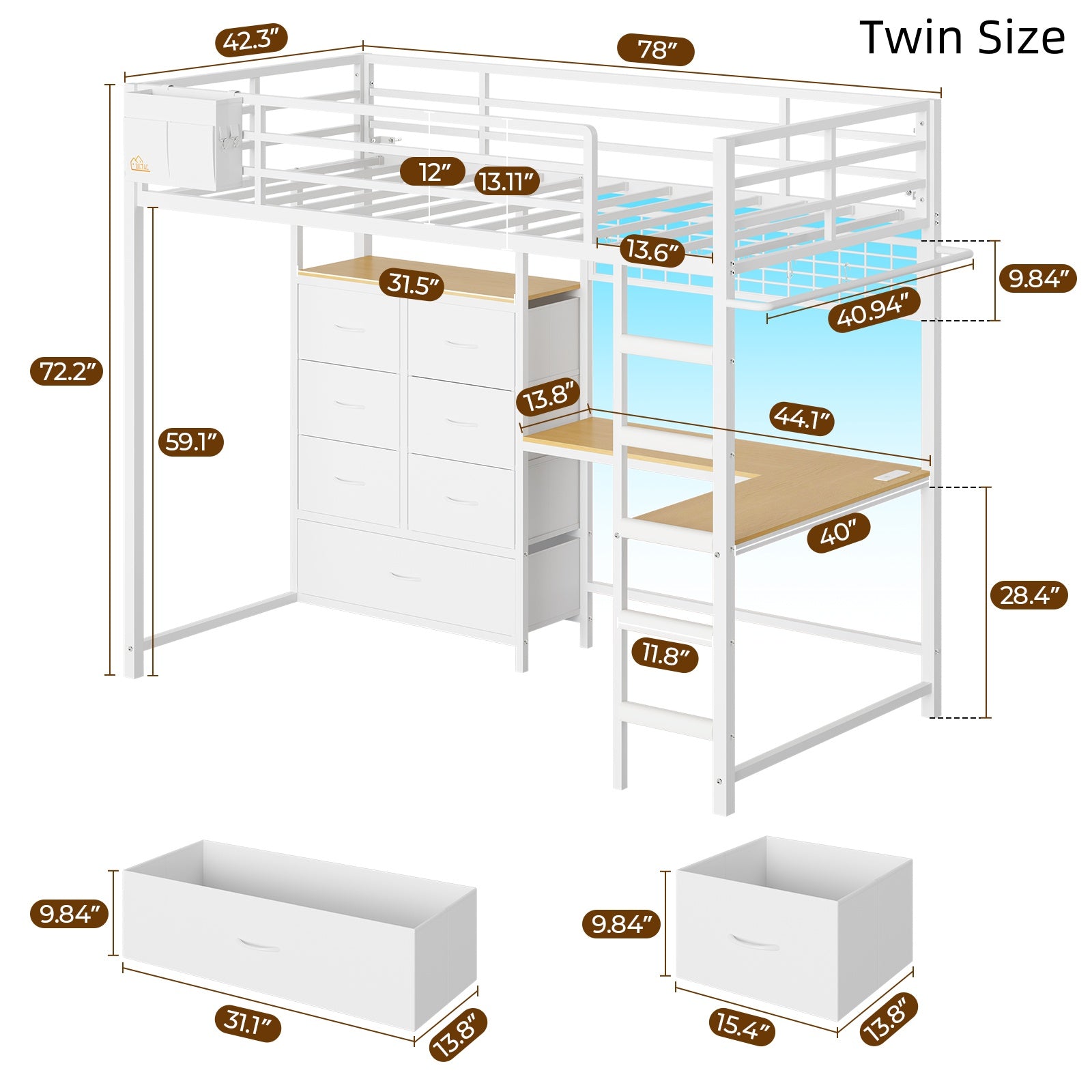 Mabor Twin/Full Size Loft Bed Frame with L-Shaped Desk & Charging Station & LED Lights & 7 Storage Drawers for Bedroom, Black/White