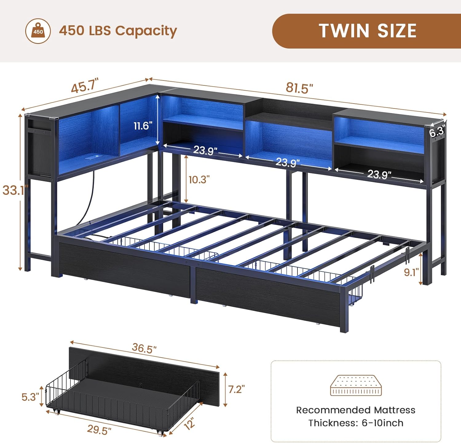 Mabor Metal Daybed Corner Bed Frame with 2 Drawers & Charging Station & Led Light &Bookcase Storage, Twin/Twin XL/Full Size