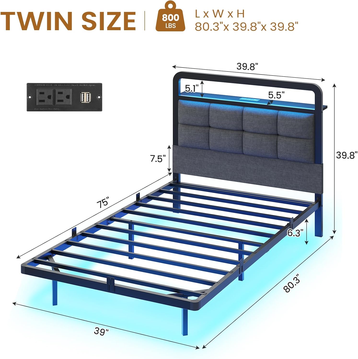 Mabor Floating Bed Frame with Storage Headboard and Charging Station and LED Lights, Full/Twin Size