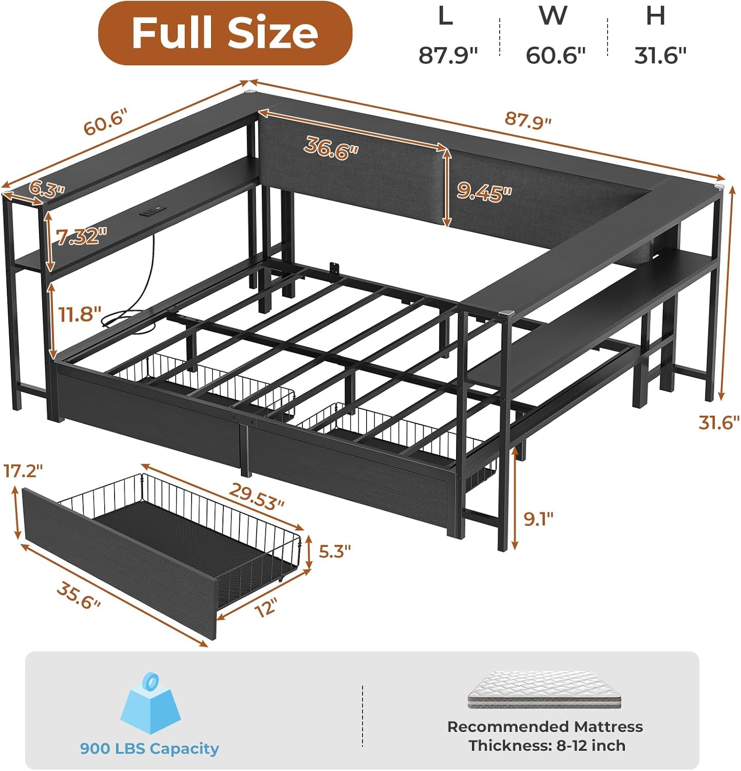 Mabor Corner Bed Frame Twin/Full Size Daybeds with 2 Drawers & Charging Station & Storage Shelves for Bedroom, Black/Gray