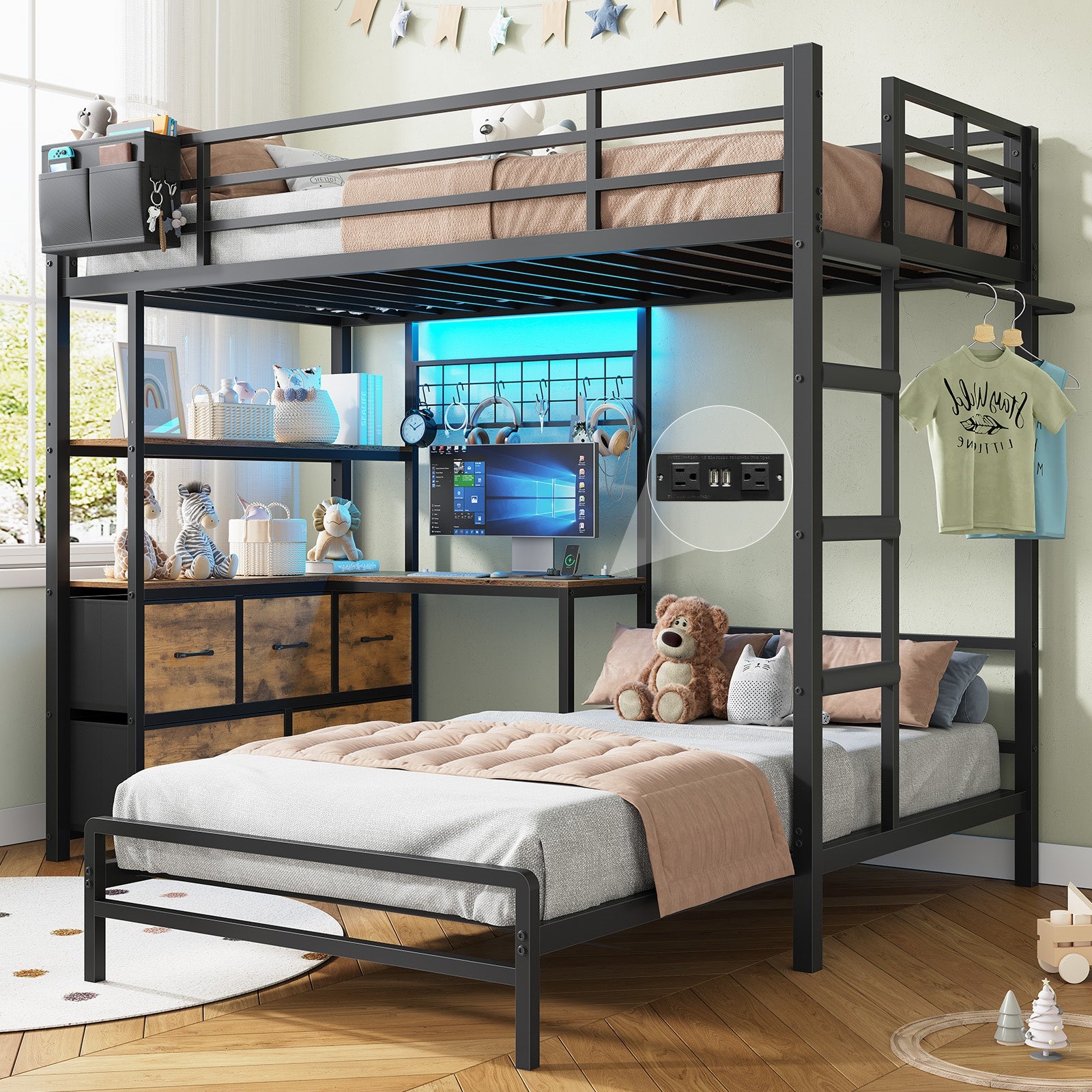 L-Shaped Bunk Bed Twin XL Over Twin Size Metal Bunk Bed with Charging Station and LED Lights and Drawers&Shelves for Bedroom, White