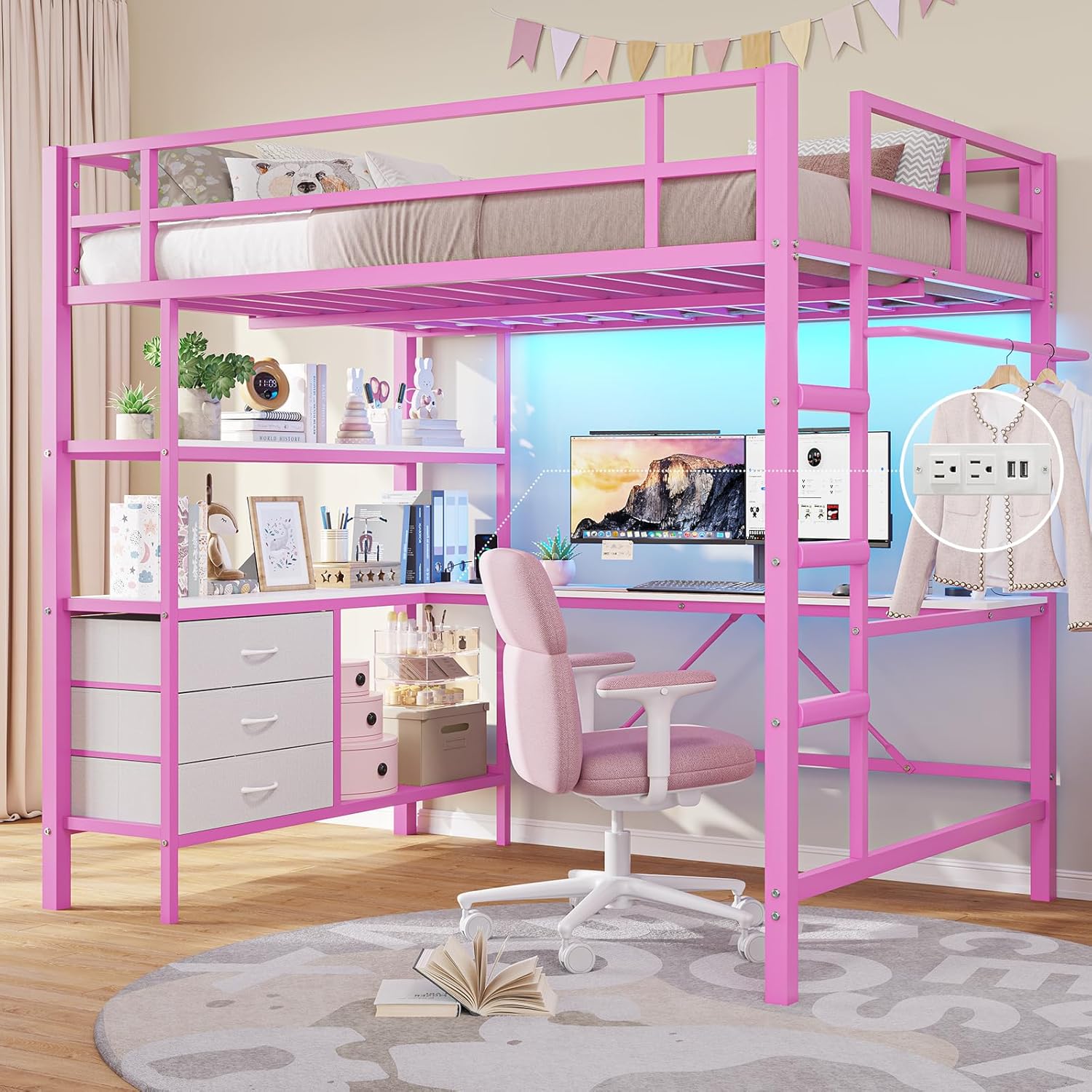 Full Size Loft Bed Frame with Desk&LED Lights&Charging Station&3 Storage Drawers, Black/White/Pink