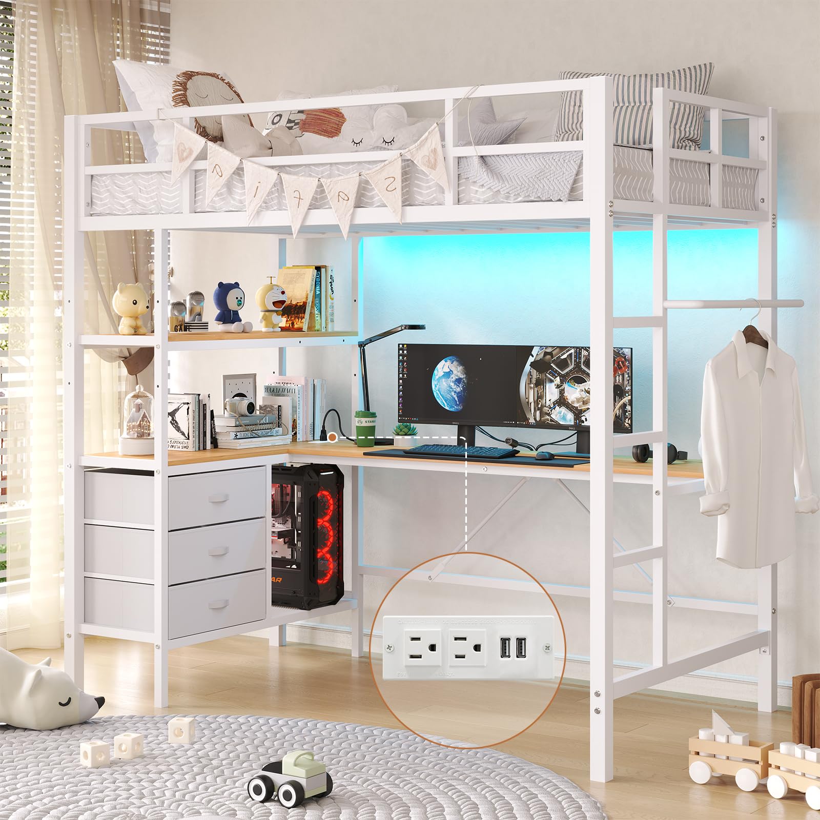 Twin Size Metal Loft Bed Frame with L-Shaped Desk&LED Lights&Charging Station, Black LED Loft Bed with 3 Storage Shelves&Drawers, No Box Spring Needed