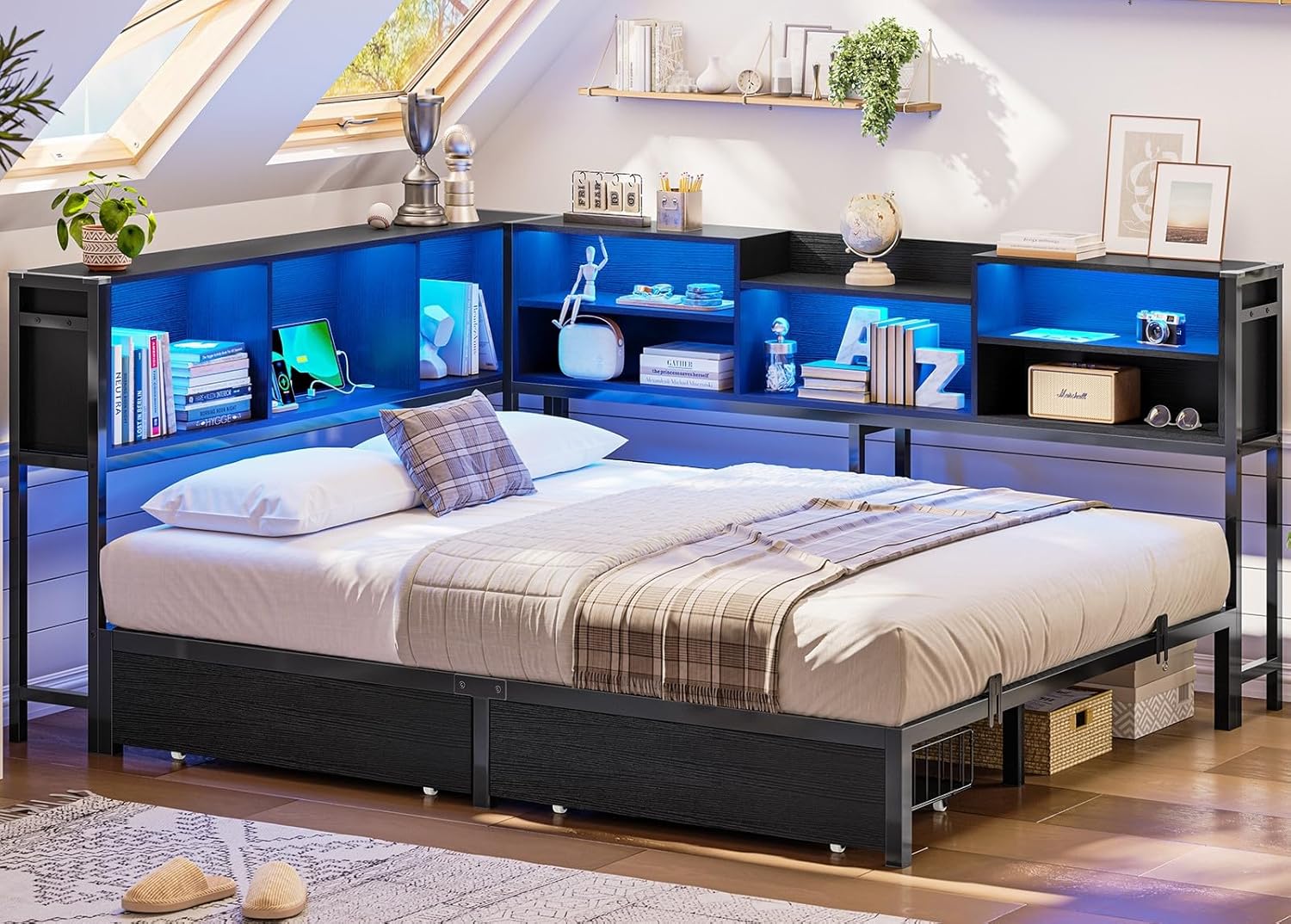 Mabor Metal Daybed Corner Bed Frame with 2 Drawers & Charging Station & Led Light &Bookcase Storage, Twin/Twin XL/Full Size