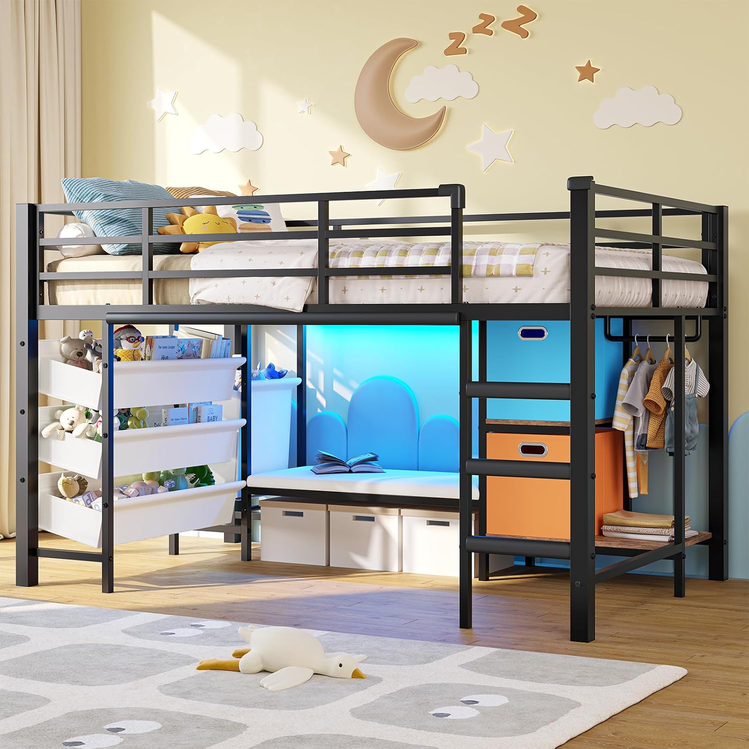 Mabor Twin Size Loft Bed with LED Lights & Reading Bench & Bookshelf & Storage Basket & Stairs for Bedroom, Black/White/Pink