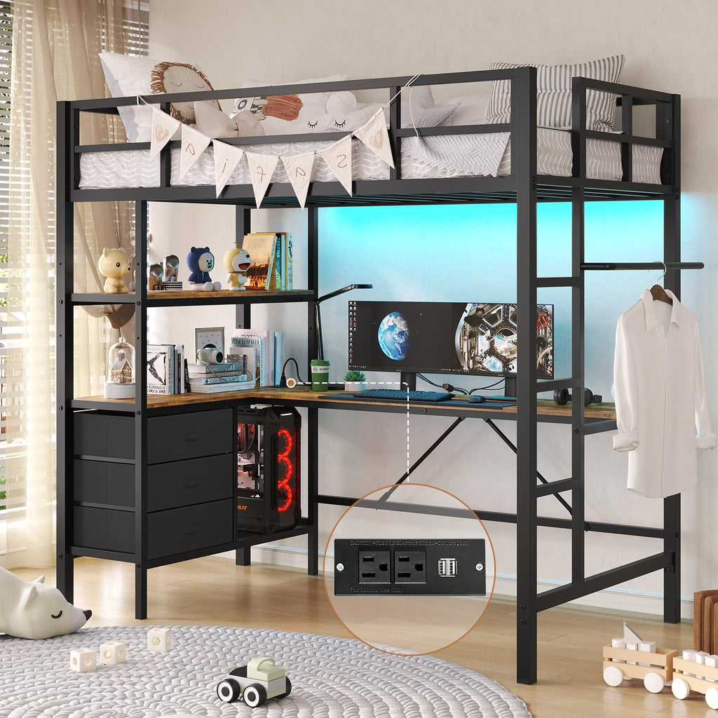 Twin Size Metal Loft Bed Frame with L-Shaped Desk&LED Lights&Charging Station, Black LED Loft Bed with 3 Storage Shelves&Drawers, No Box Spring Needed