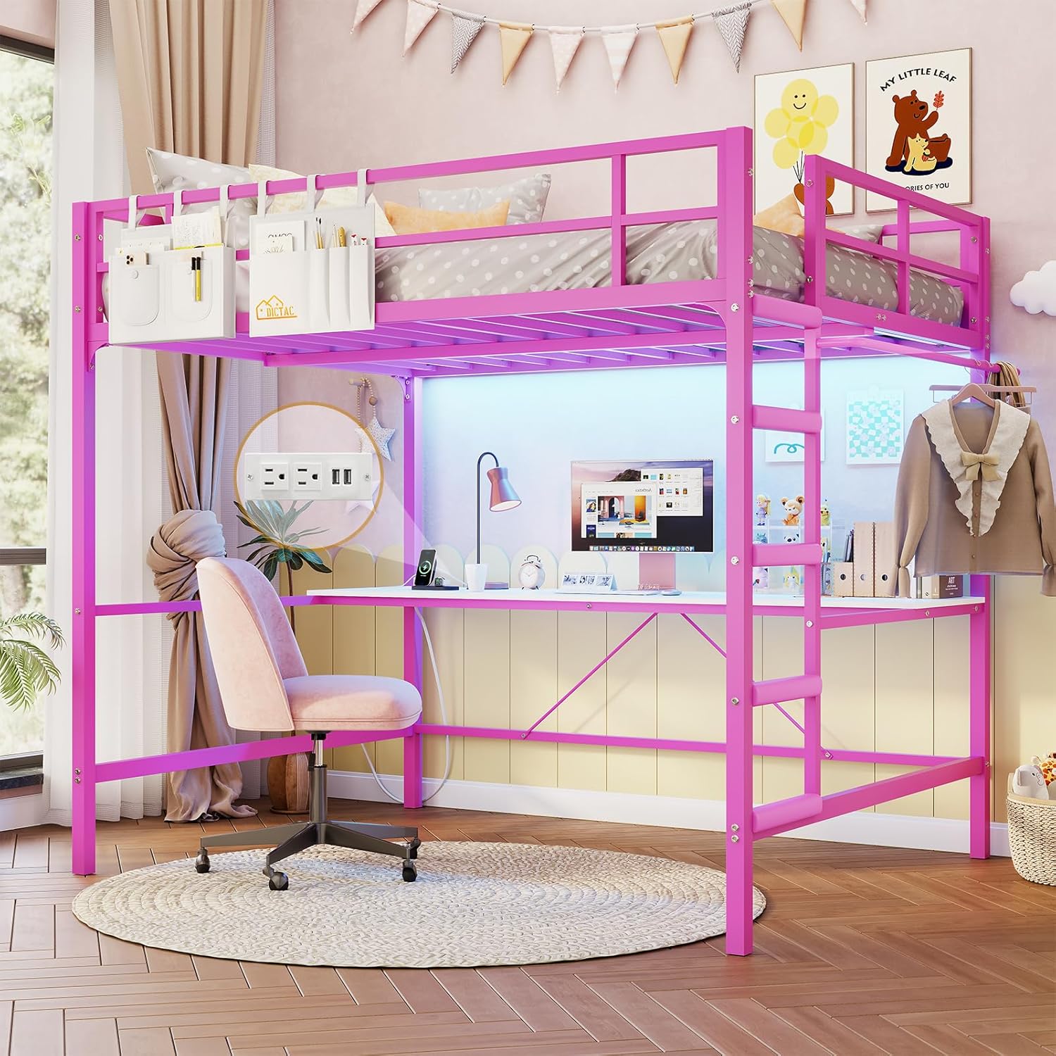 Loft Bed Frame Full Size Heavy Duty Metal Loft Bed with Desk&Charging Station&Led Lights&Clothes Rail, Safety Guard & Ladder, No Noise, Black