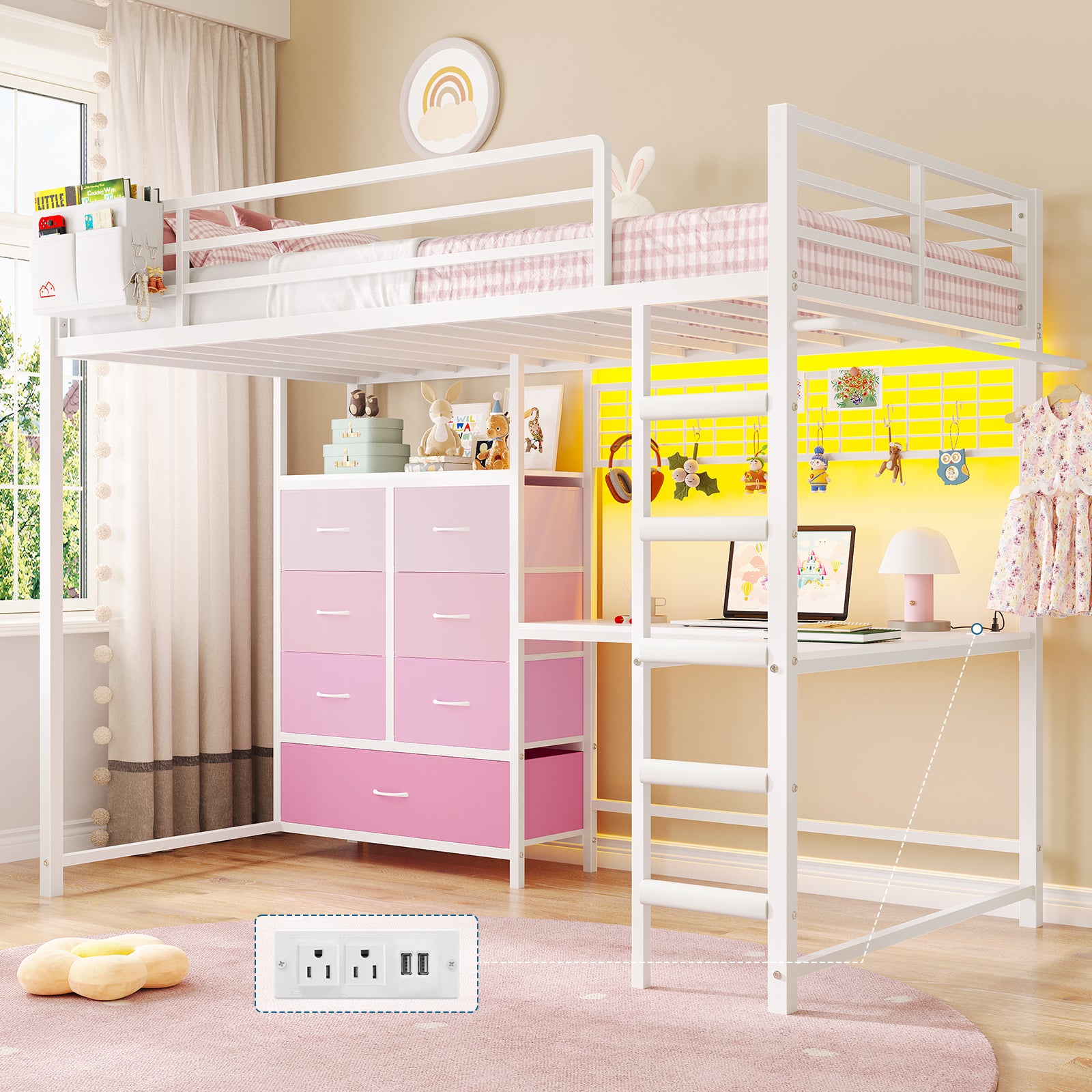 Mabor Twin/Full Size Loft Bed Frame with L-Shaped Desk & Charging Station & LED Lights & 7 Storage Drawers for Bedroom, Black/White