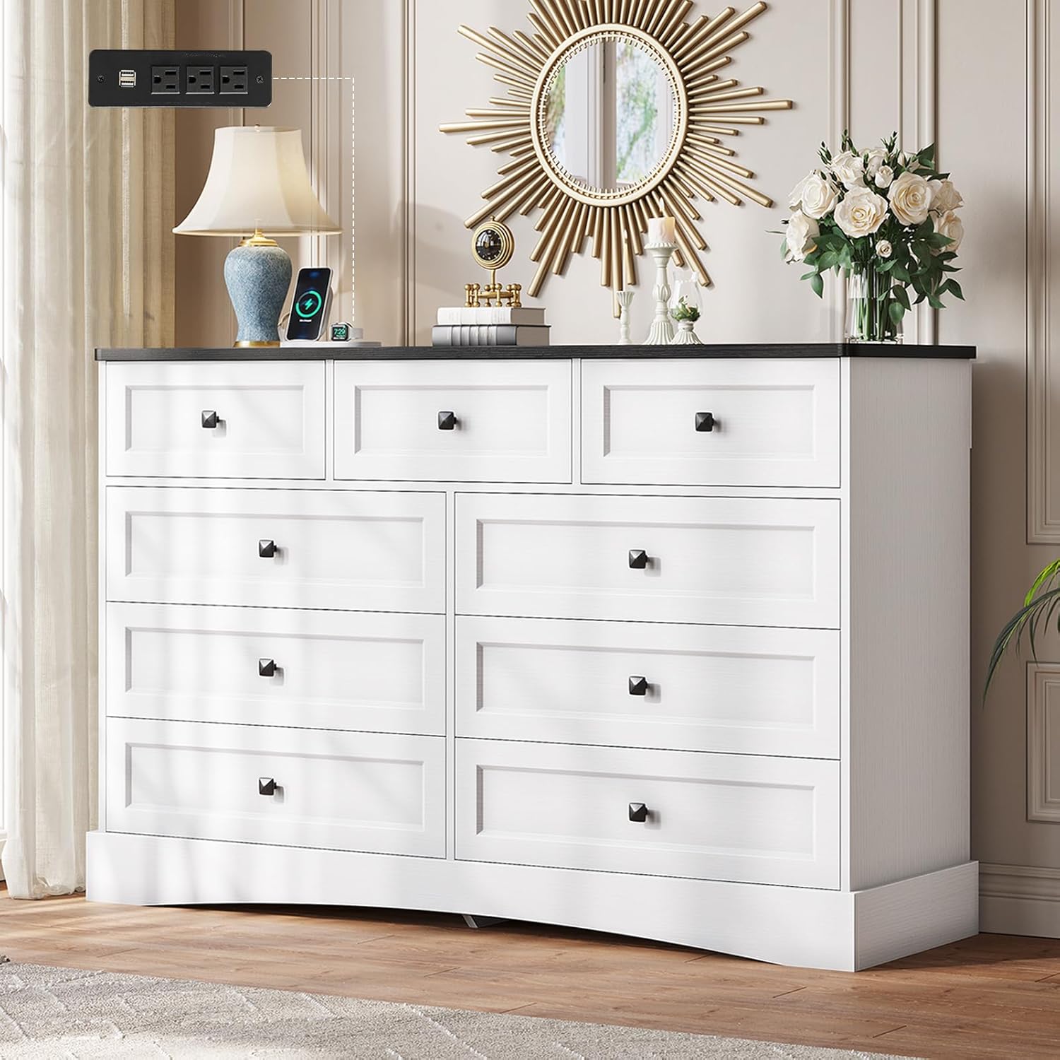 Mabor 9 Drawers Dresser with Charging Station for Bedroom, Chest of Drawers with 9 Drawers, Black/White