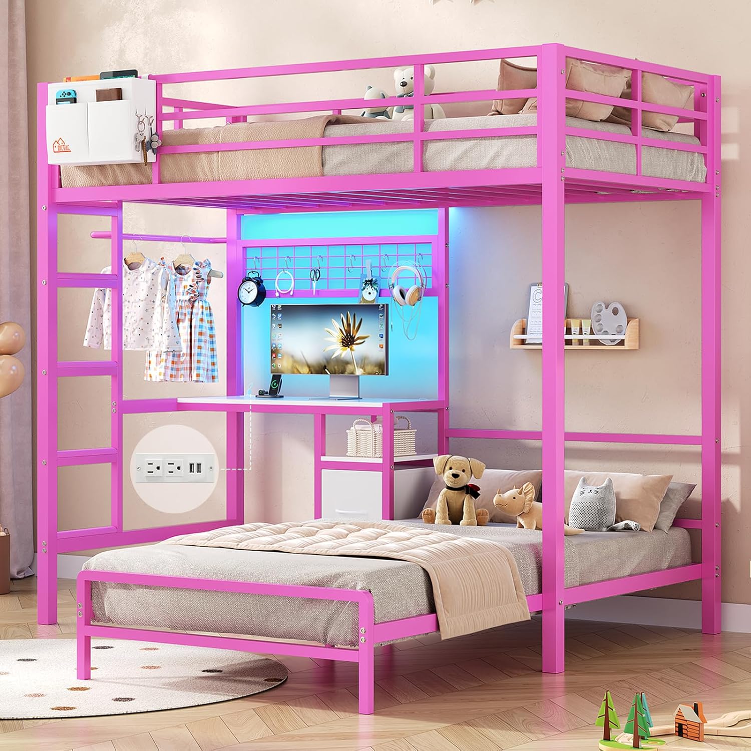 Mabor Metal Bunk Bed with Desk Twin Over Twin Size Bunk Bed with Charging Station and LED Lights, Twin Size Loft Bed Frame with Storage Shelves and Drawers for Bedroom, No Box Spring Needed, Black