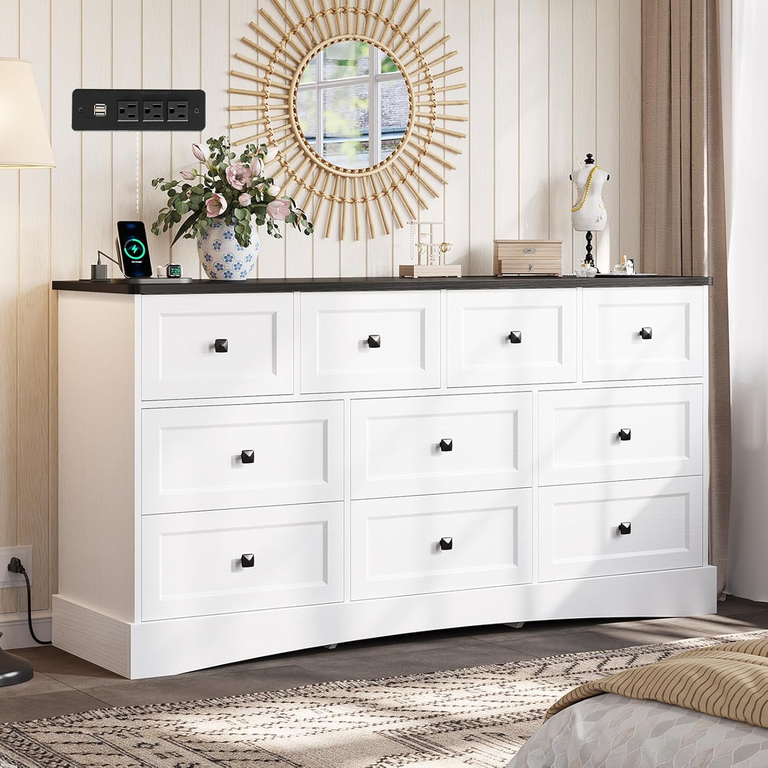 Mabor 10 Drawers Dresser with Charging Station for Bedroom, Farmhouse Chest of Drawers, Black/White