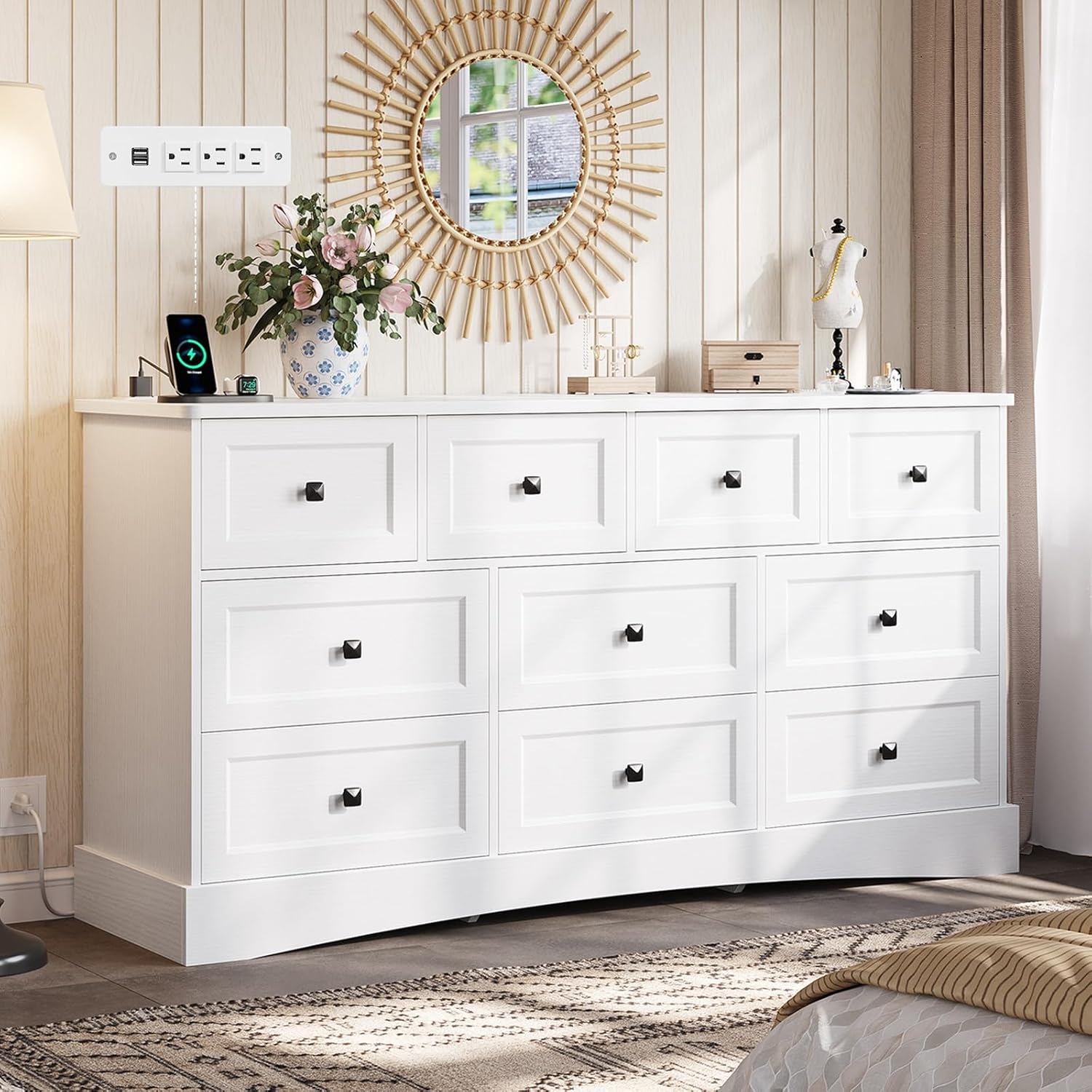 Mabor 10 Drawers Dresser with Charging Station for Bedroom, Farmhouse Chest of Drawers, Black/White