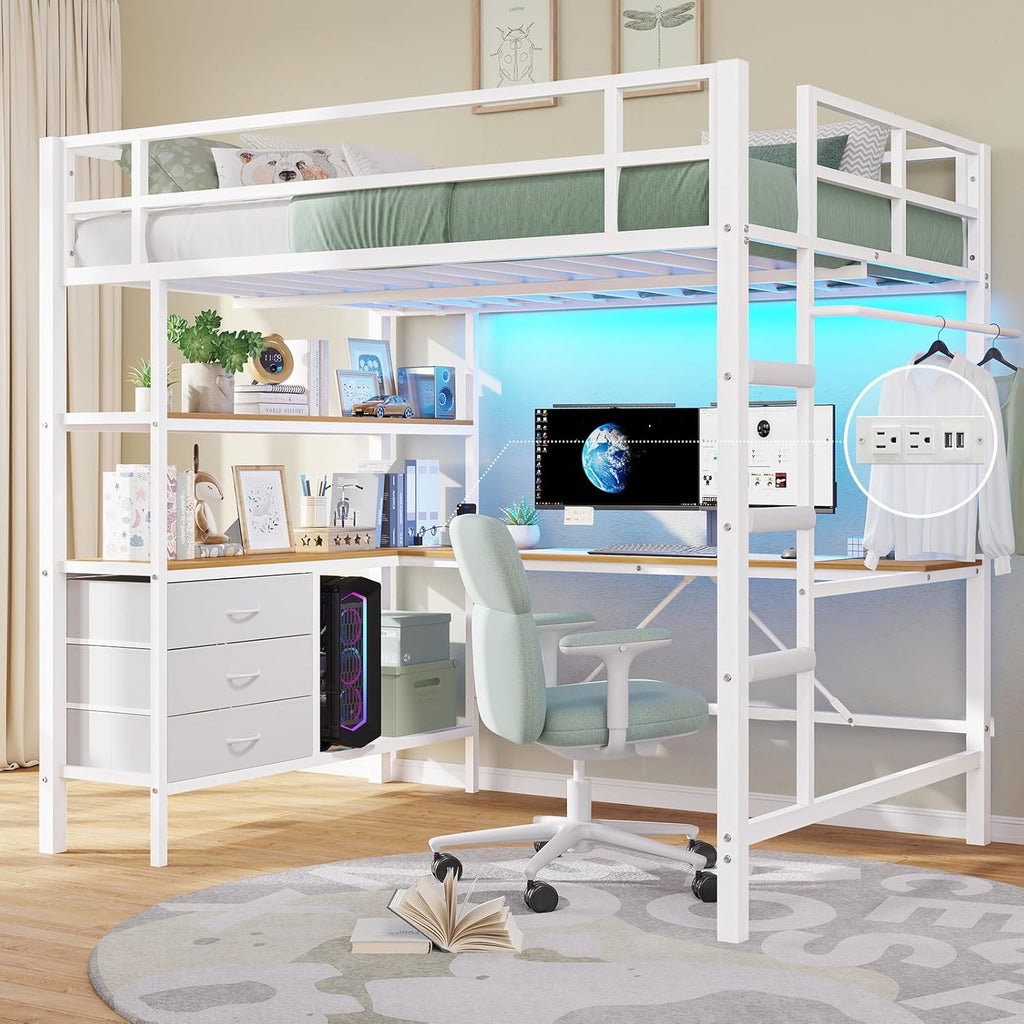 Full Size Loft Bed Frame with Desk&LED Lights&Charging Station&3 Storage Drawers, Black/White/Pink