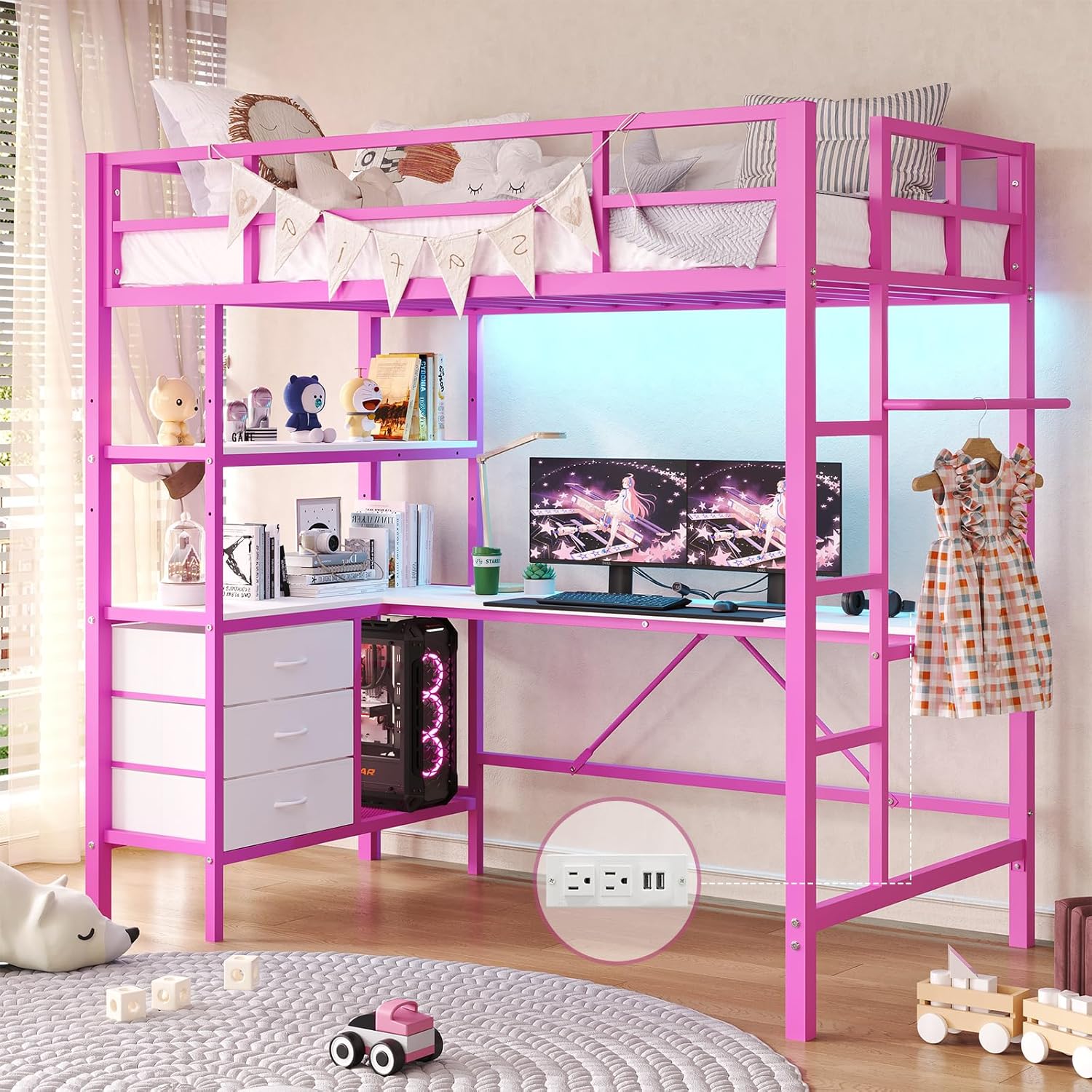 Twin Size Metal Loft Bed Frame with L-Shaped Desk&LED Lights&Charging Station, Black LED Loft Bed with 3 Storage Shelves&Drawers, No Box Spring Needed