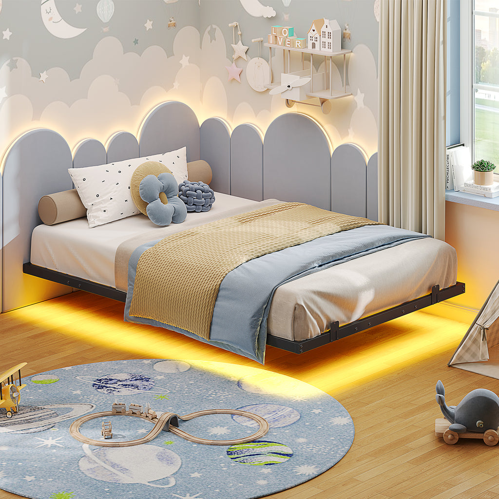 Mabor Metal Floating Bed Frame with LED Lights for Bedroom,No Box Spring Needed,Black/White