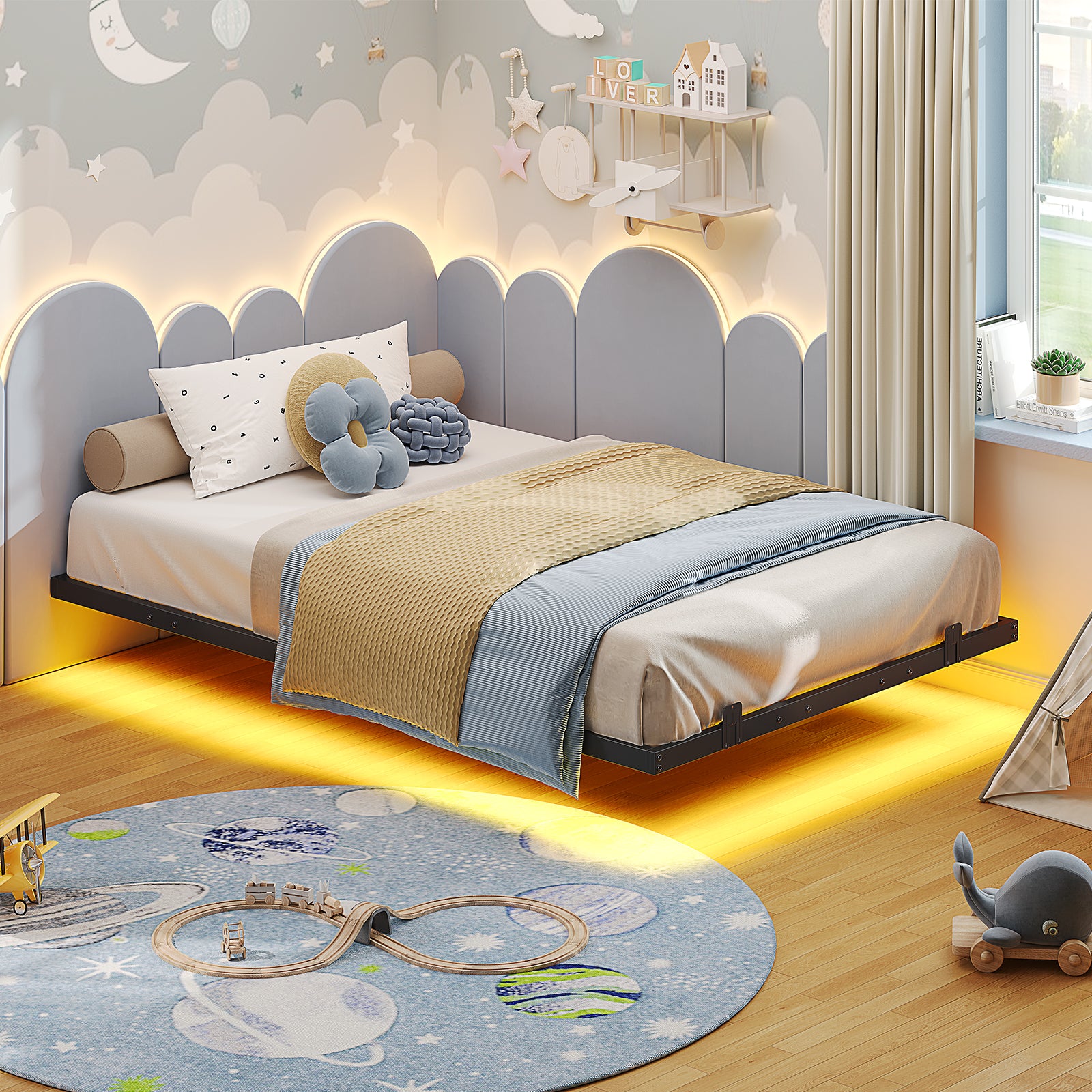 Mabor Metal Floating Bed Frame with LED Lights for Bedroom,No Box Spring Needed,Black/White