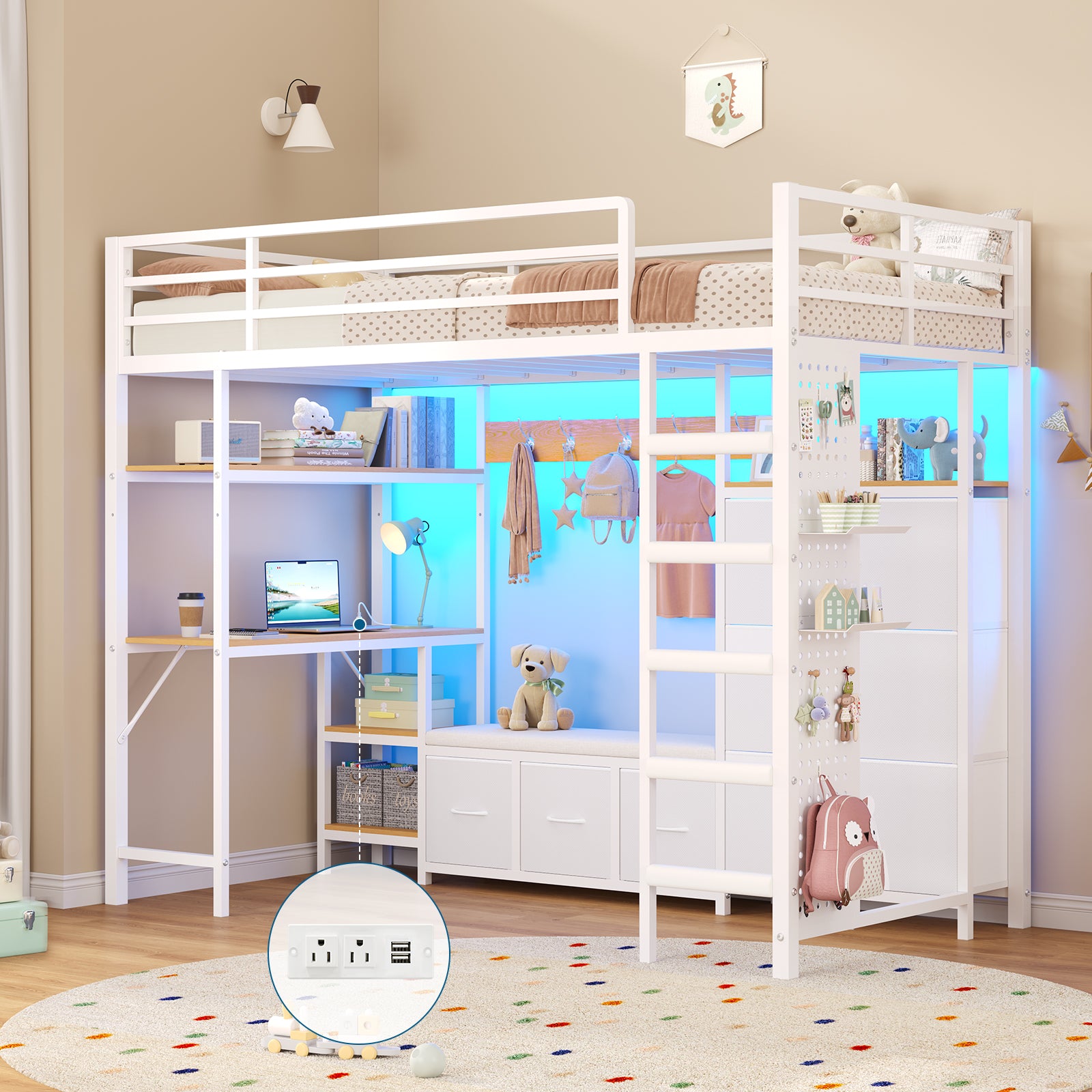Mabor Twin Size Loft Bed with Desk and 6 Storage Drawers and LED Lights and Charging Station and Large Pegboard,Black/White