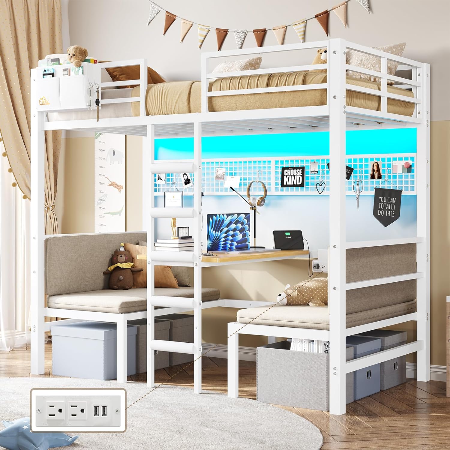 Twin Over Twin Metal Bunk Bed with Desk, Twin Size Loft Bed with Led Lights and Charging Station, Safety Guard and Stair, Convertible Metal Bunk Bed
