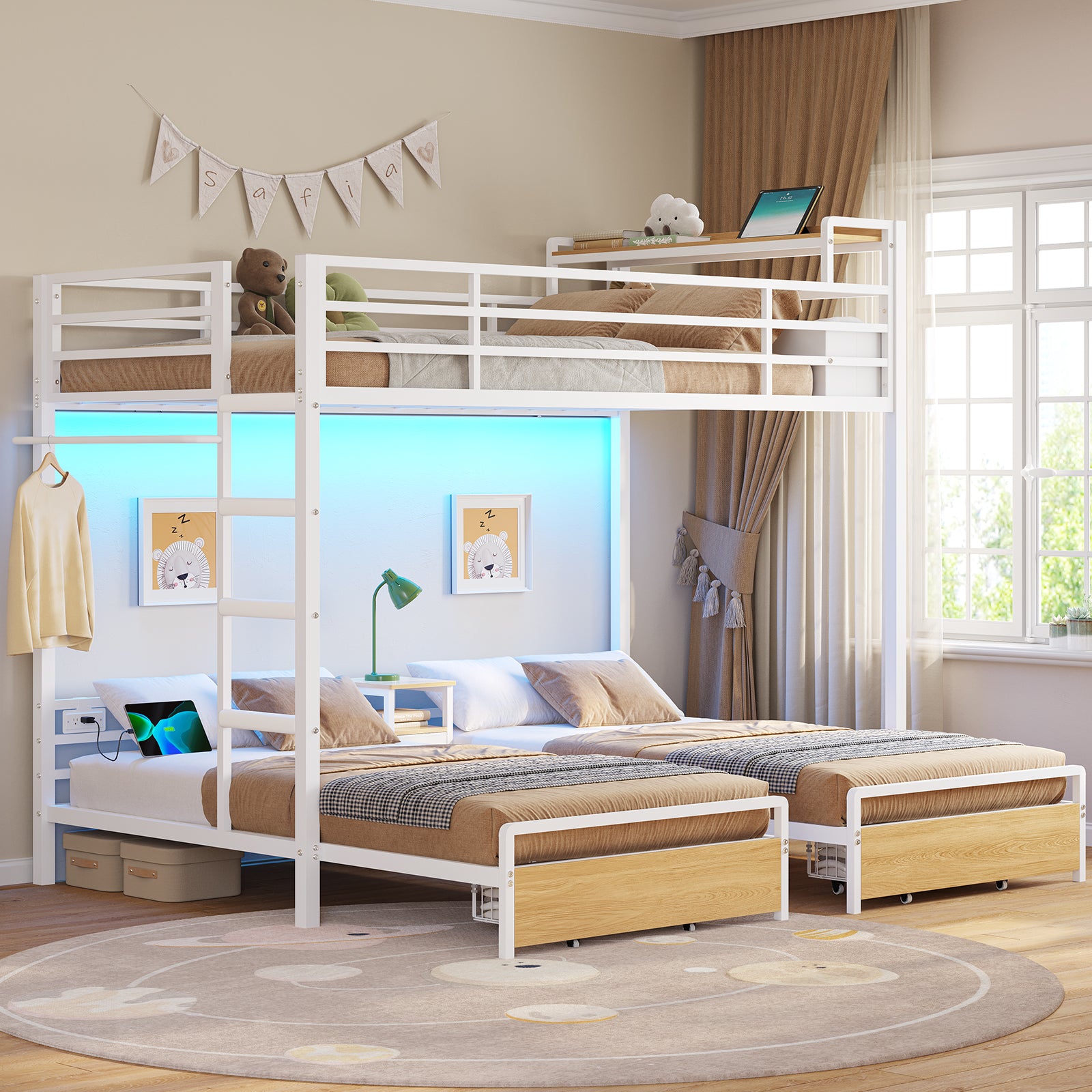 Mabor Triple Bunk Bed with LED Lights and Charging Station, Twin Over Twin Over Twin Loft Bed Frame with 3 Storage Drawers&Study Desk&Guardrails and Ladder, Black/White