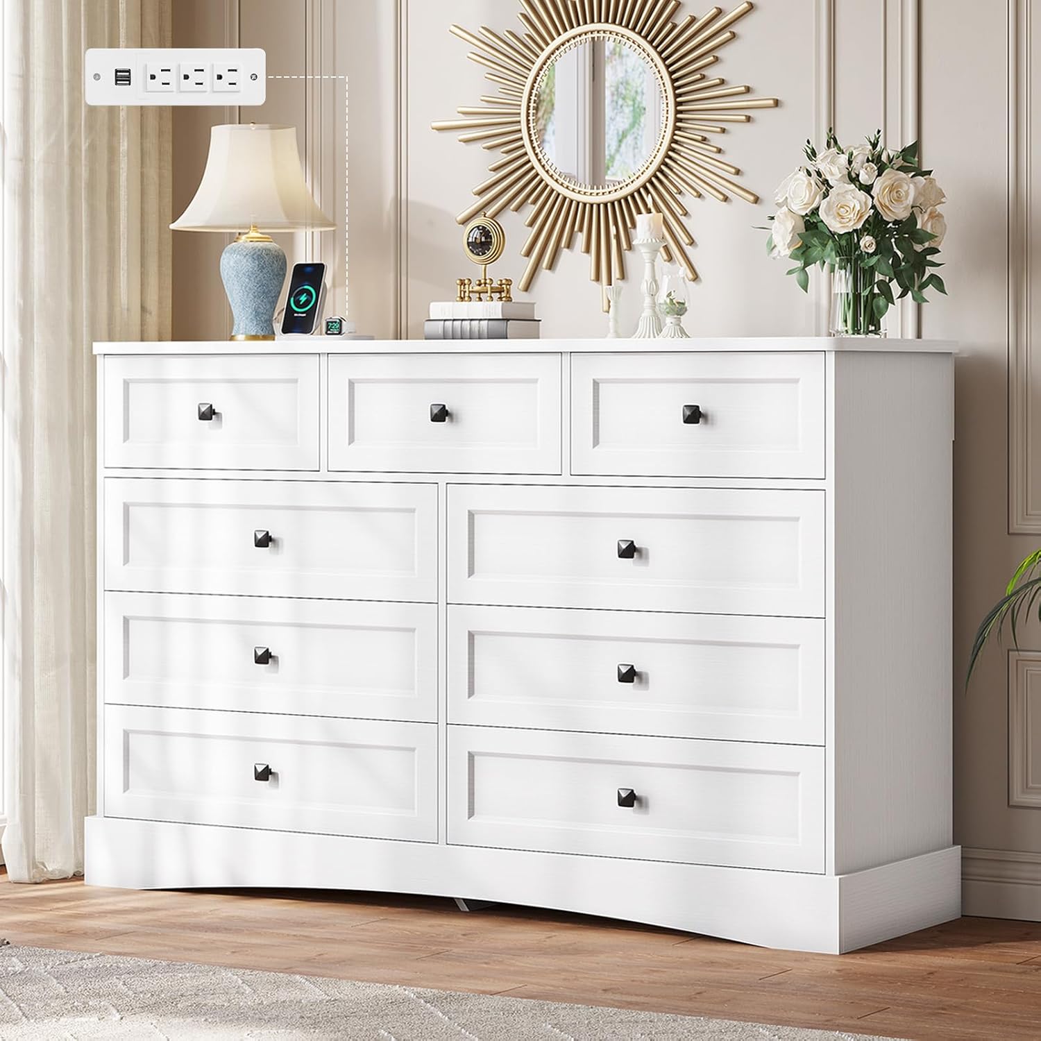 Mabor 9 Drawers Dresser with Charging Station for Bedroom, Chest of Drawers with 9 Drawers, Black/White