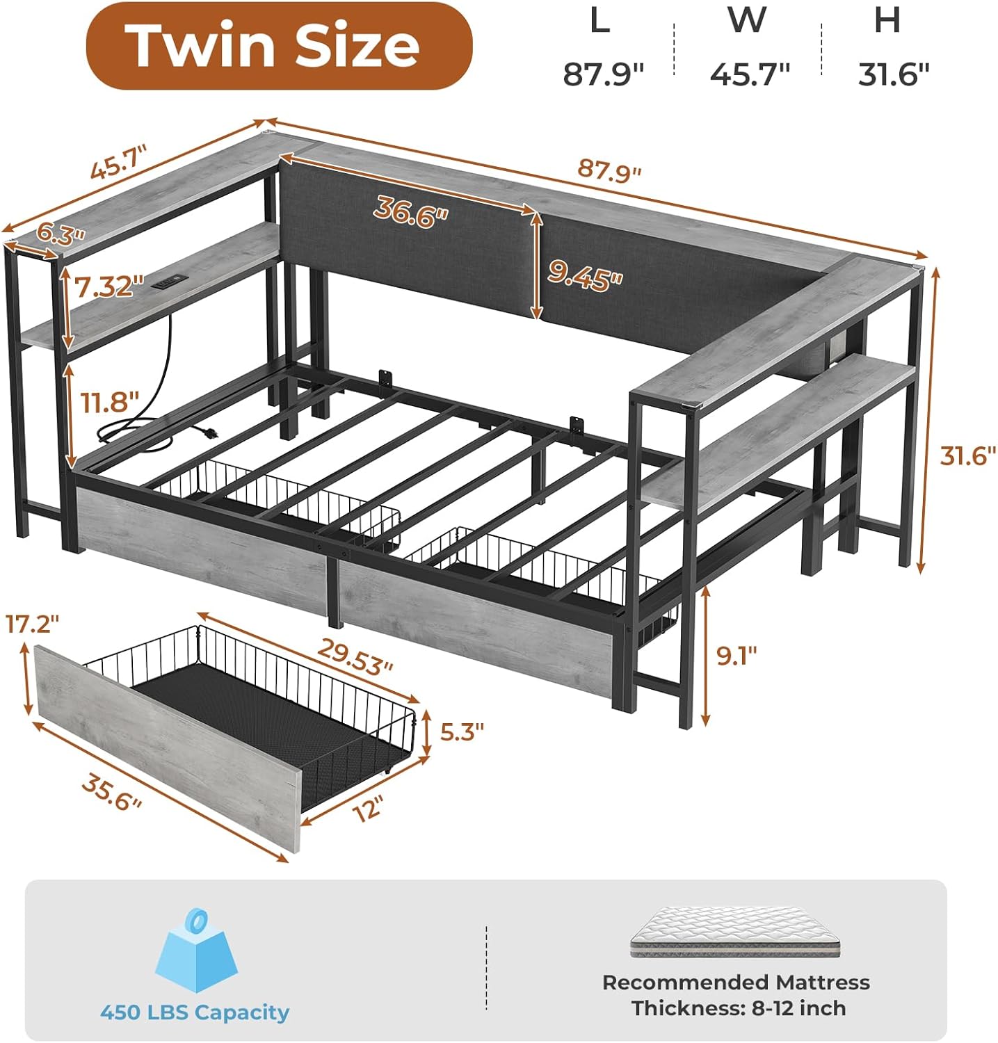 Mabor Corner Bed Frame Twin/Full Size Daybeds with 2 Drawers & Charging Station & Storage Shelves for Bedroom, Black/Gray