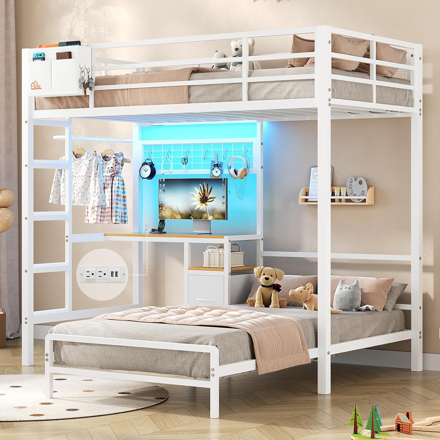 Mabor Metal Bunk Bed with Desk Twin Over Twin Size Bunk Bed with Charging Station and LED Lights, Twin Size Loft Bed Frame with Storage Shelves and Drawers for Bedroom, No Box Spring Needed, Black
