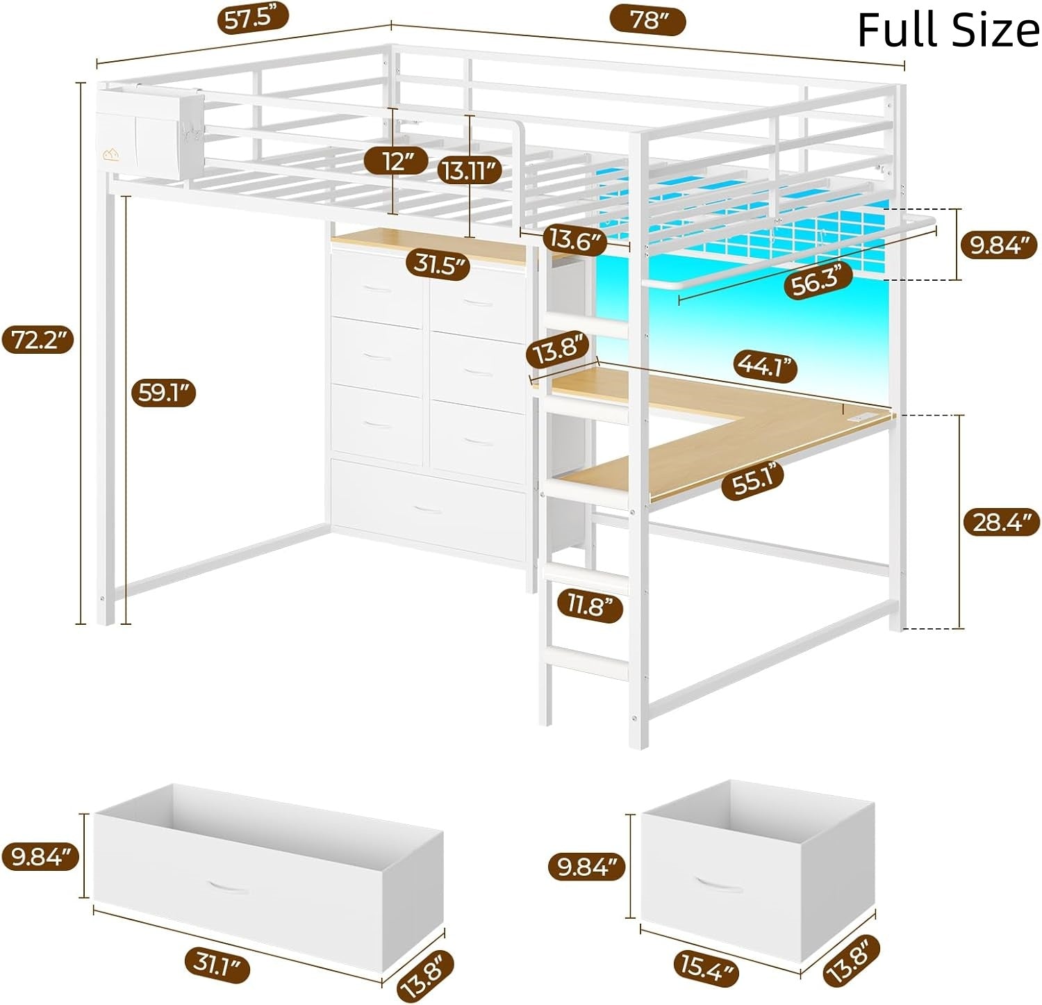 Mabor Twin/Full Size Loft Bed Frame with L-Shaped Desk & Charging Station & LED Lights & 7 Storage Drawers for Bedroom, Black/White