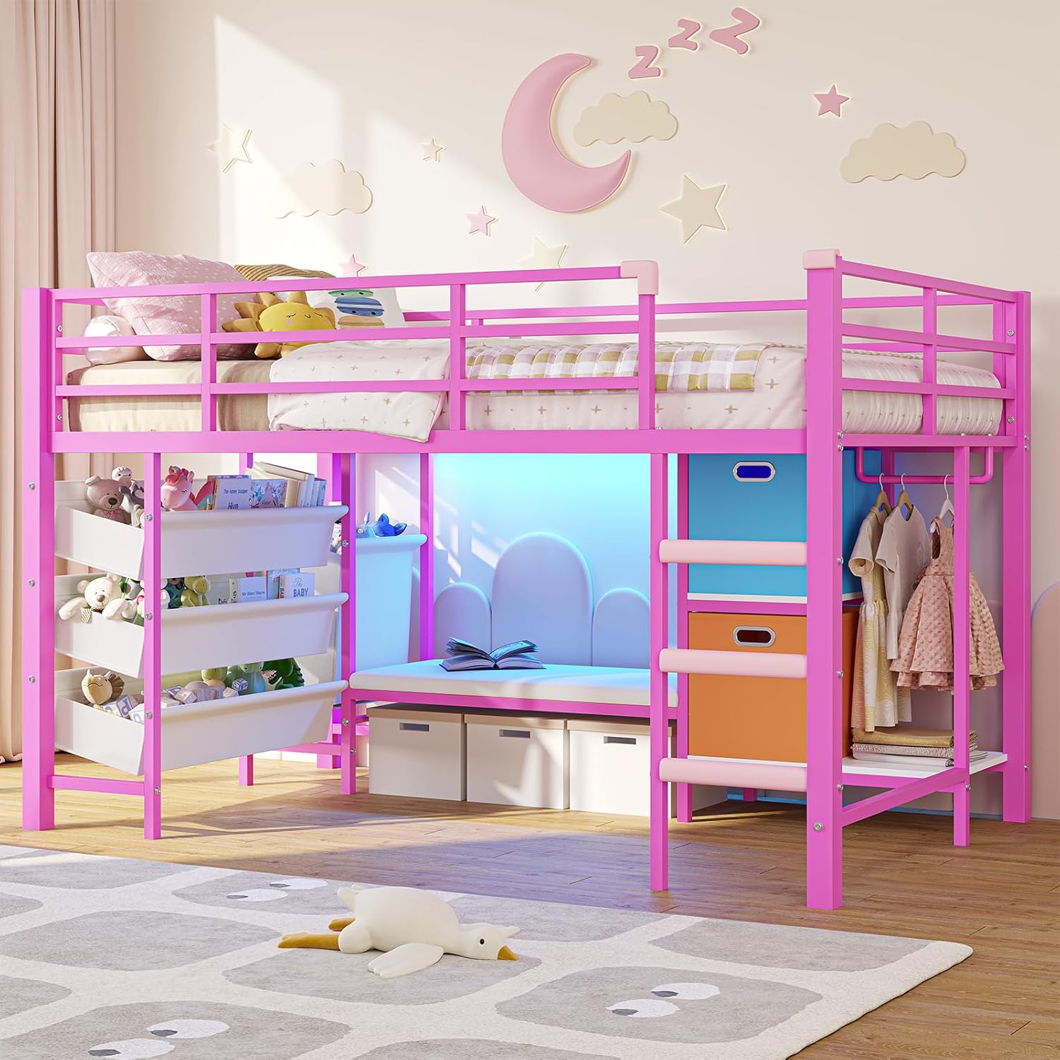 Mabor Twin Size Loft Bed with LED Lights & Reading Bench & Bookshelf & Storage Basket & Stairs for Bedroom, Black/White/Pink