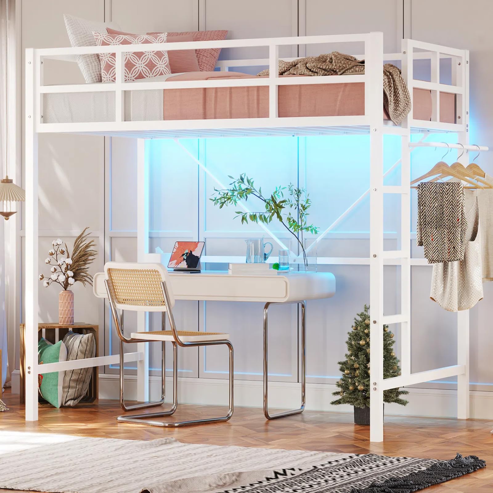 Twin Size Loft Bed Frame with Led Lights, Metal Loft Bed Frame with Full-Length Guardrail and Ladder, No Box Spring Needed, White