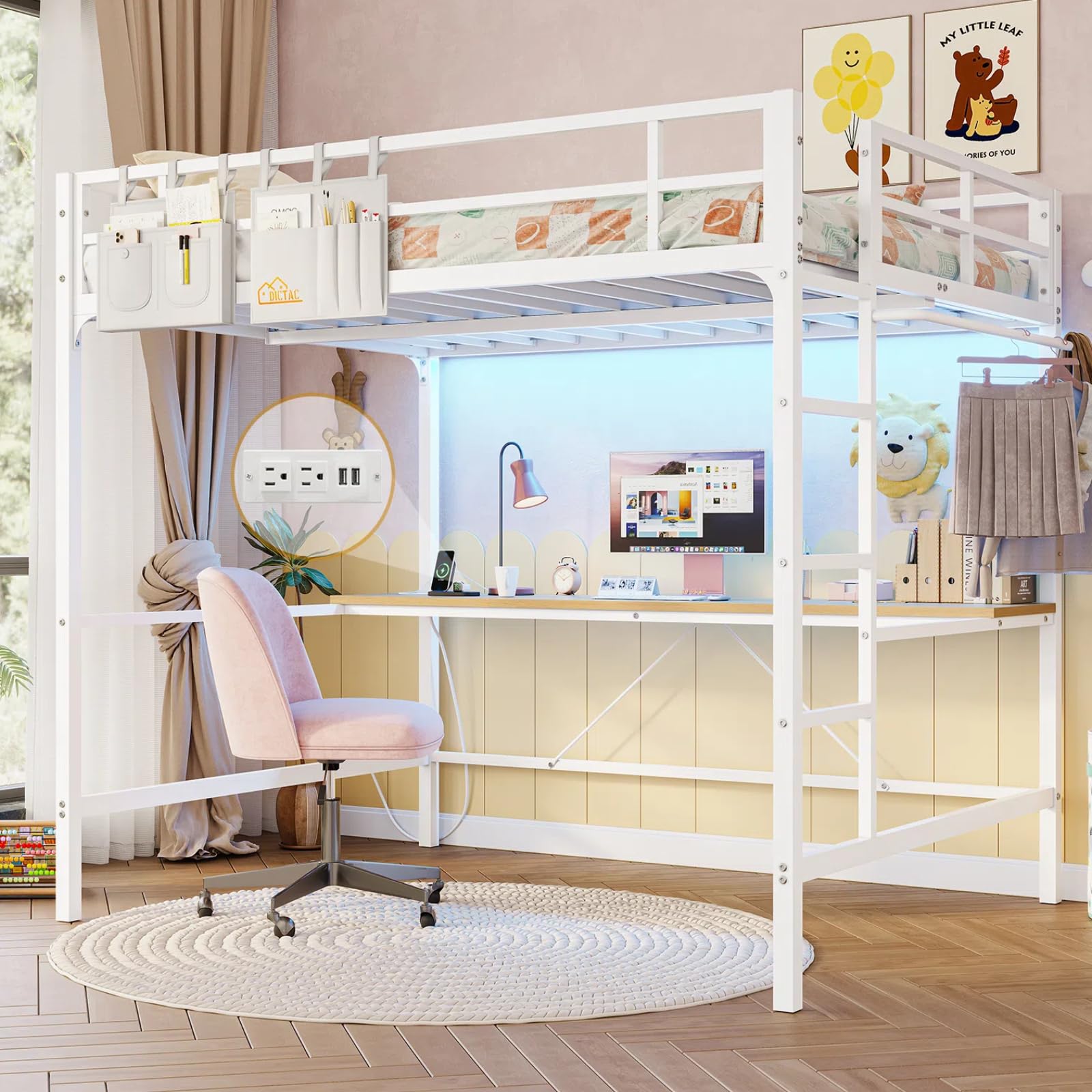 Loft Bed Frame Full Size Heavy Duty Metal Loft Bed with Desk&Charging Station&Led Lights&Clothes Rail, Safety Guard & Ladder, No Noise, Black