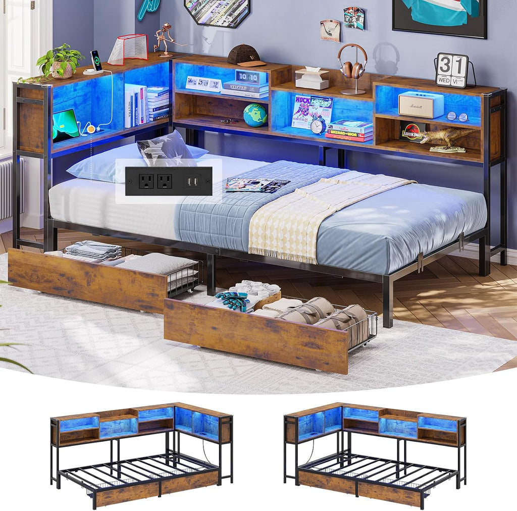 Mabor Metal Daybed Corner Bed Frame with 2 Drawers & Charging Station & Led Light &Bookcase Storage, Twin/Twin XL/Full Size