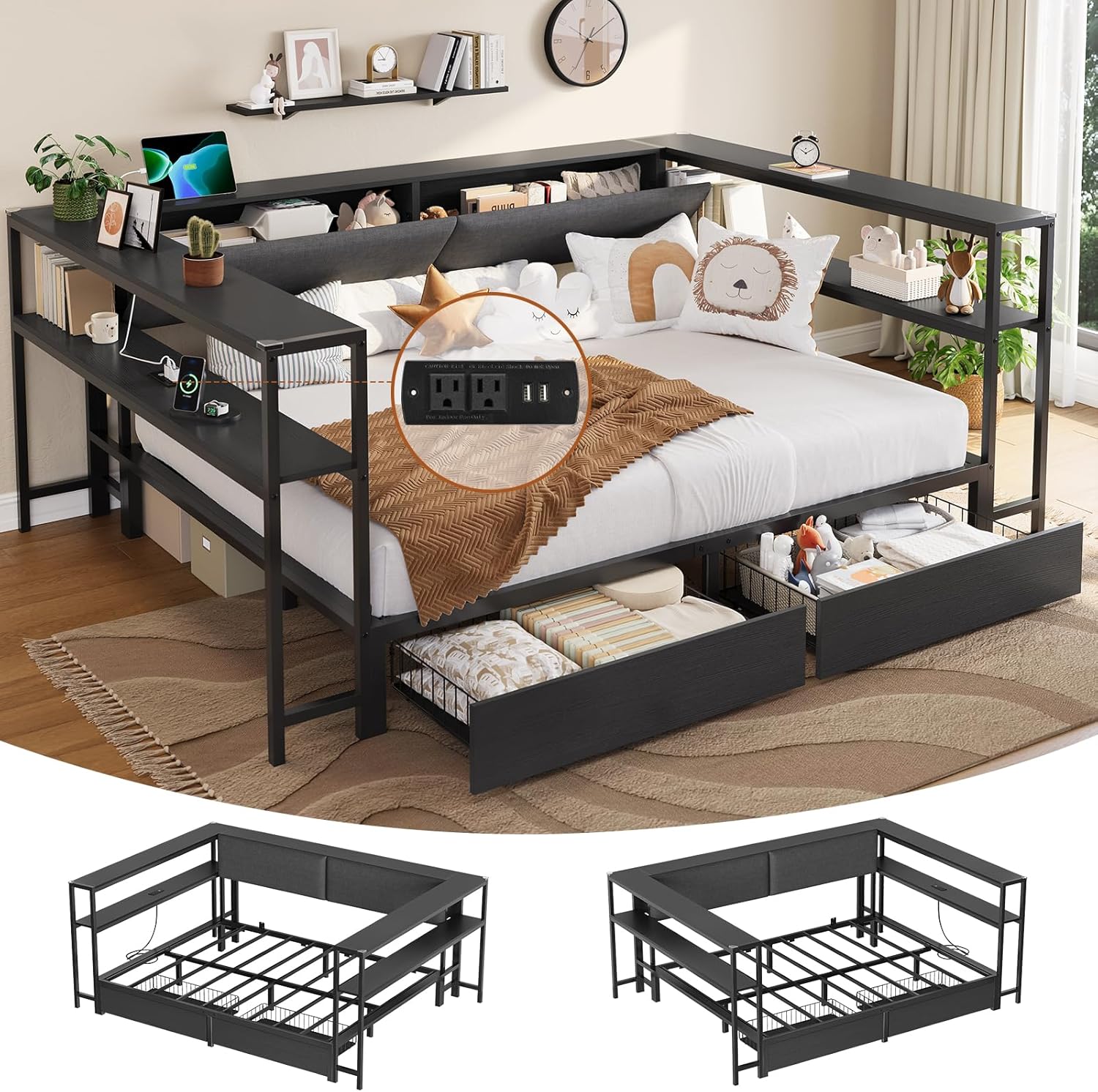 Mabor Corner Bed Frame Twin/Full Size Daybeds with 2 Drawers & Charging Station & Storage Shelves for Bedroom, Black/Gray