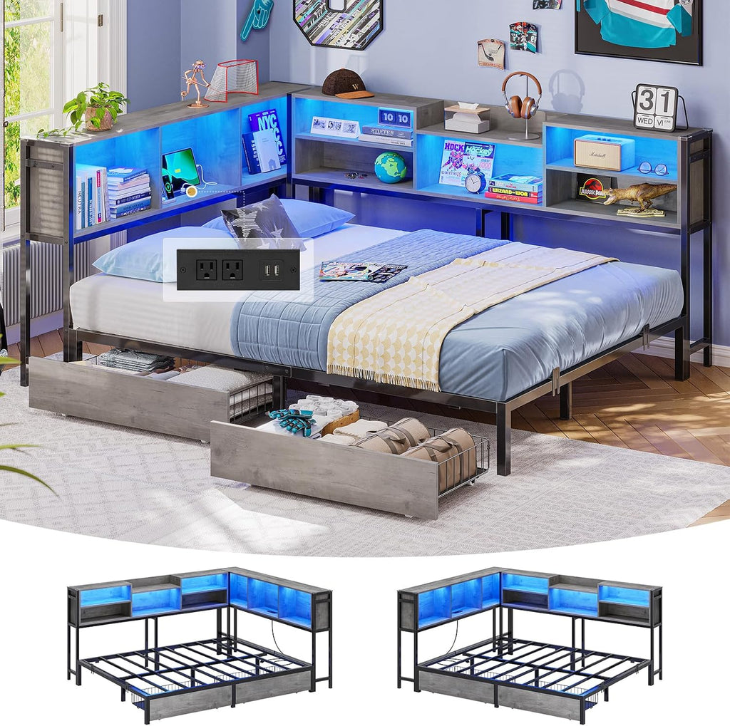 Mabor Metal Daybed Corner Bed Frame with 2 Drawers & Charging Station & Led Light &Bookcase Storage, Twin/Twin XL/Full Size