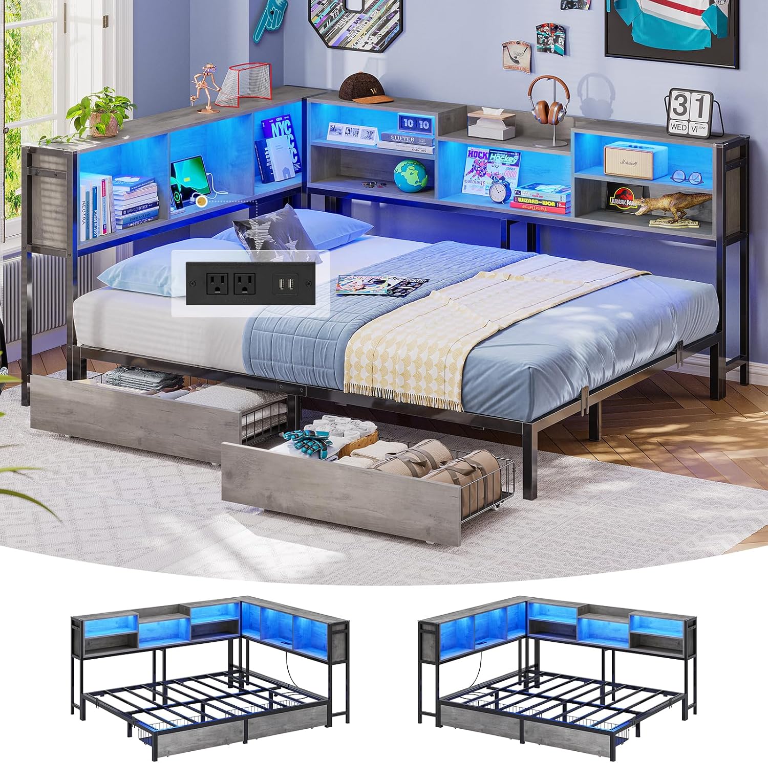 Mabor Metal Daybed Corner Bed Frame with 2 Drawers & Charging Station & Led Light &Bookcase Storage, Twin/Twin XL/Full Size