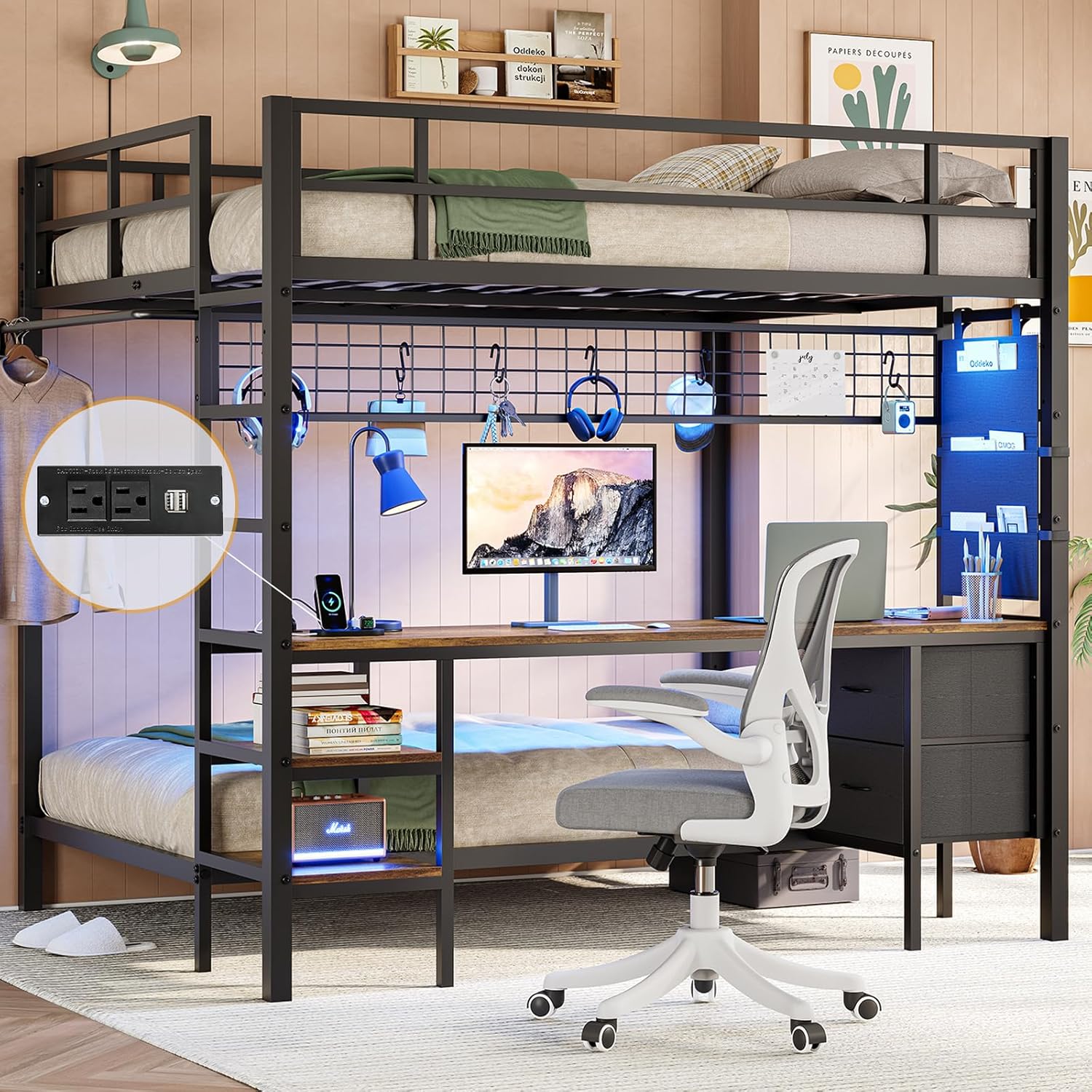 Full Over Twin Size Bunk Bed with Desk&Charging Station&LED Lights&Drawers&Storage Shelves, Full Over Twin Metal Loft Bed for Adults, No Box Spring Needed, White