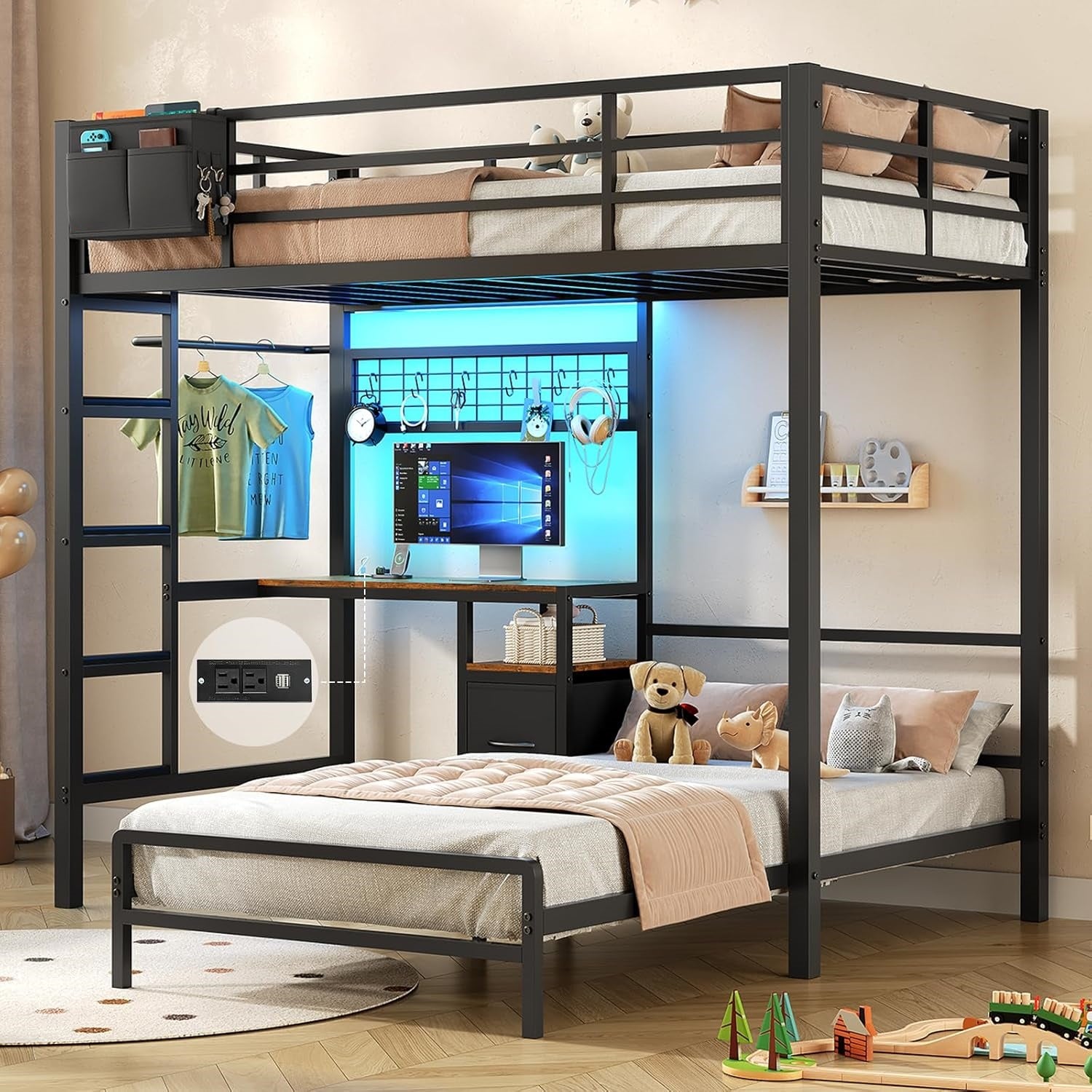 Mabor Metal Bunk Bed with Desk Twin Over Twin Size Bunk Bed with Charging Station and LED Lights, Twin Size Loft Bed Frame with Storage Shelves and Drawers for Bedroom, No Box Spring Needed, Black