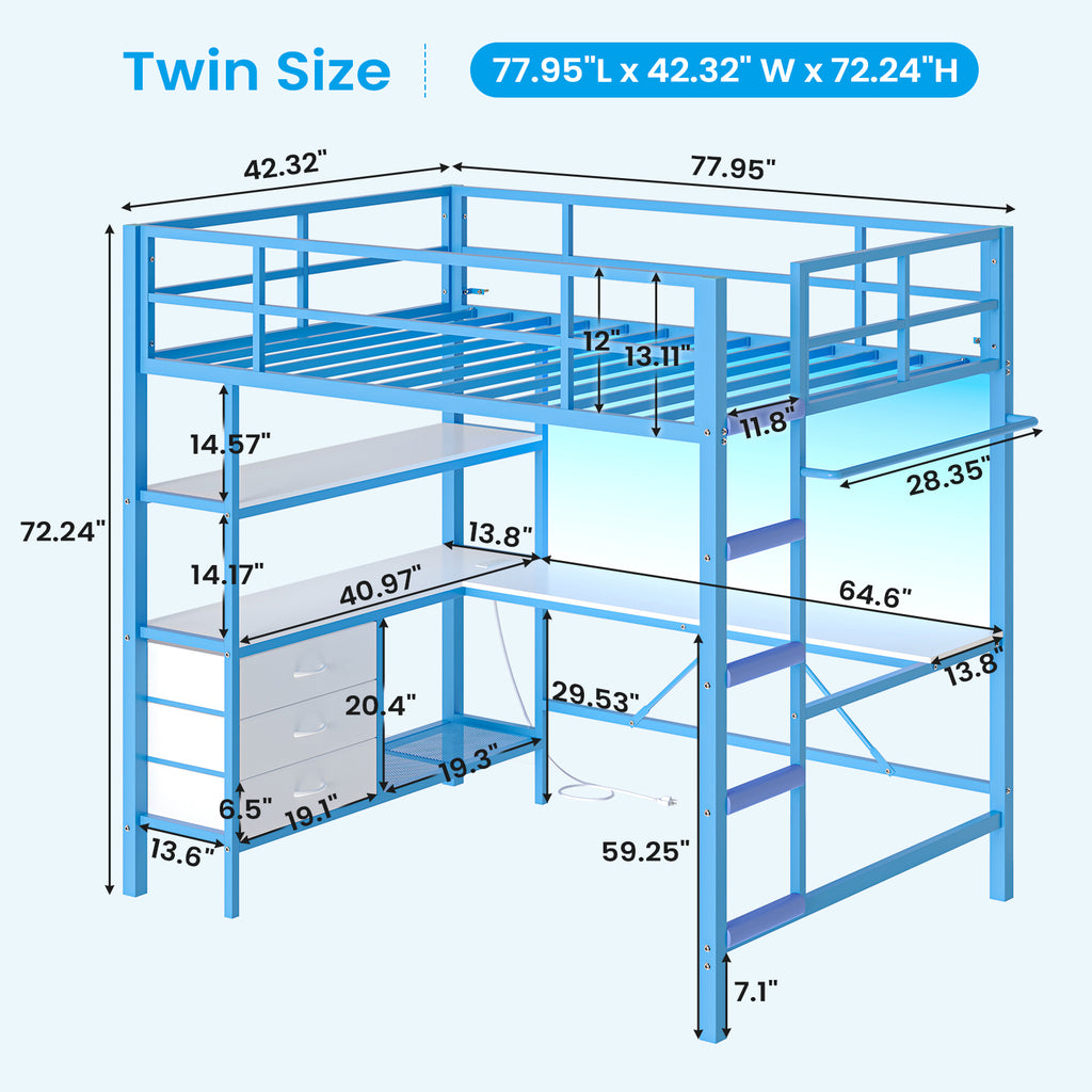 Twin Size Metal Loft Bed Frame with L-Shaped Desk&LED Lights&Charging Station, Black LED Loft Bed with 3 Storage Shelves&Drawers, No Box Spring Needed
