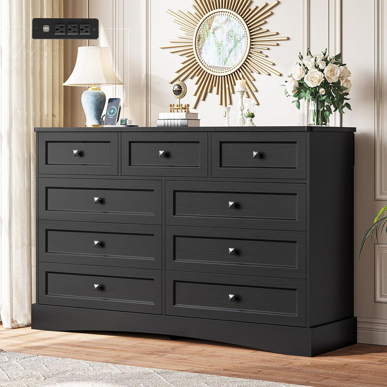 Mabor 9 Drawers Dresser with Charging Station for Bedroom, Chest of Drawers with 9 Drawers, Black/White