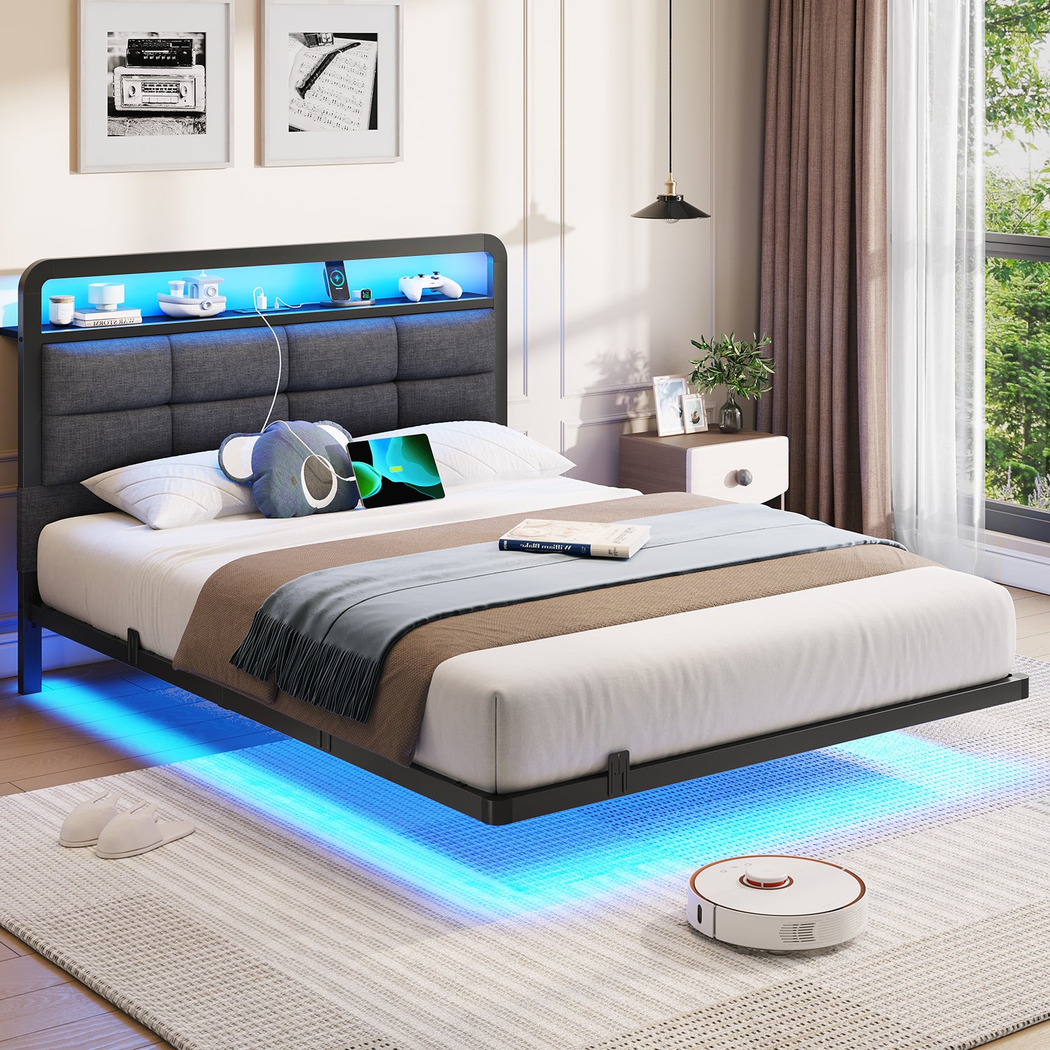 Mabor Floating Bed Frame with Storage Headboard and Charging Station and LED Lights, Full/Twin Size