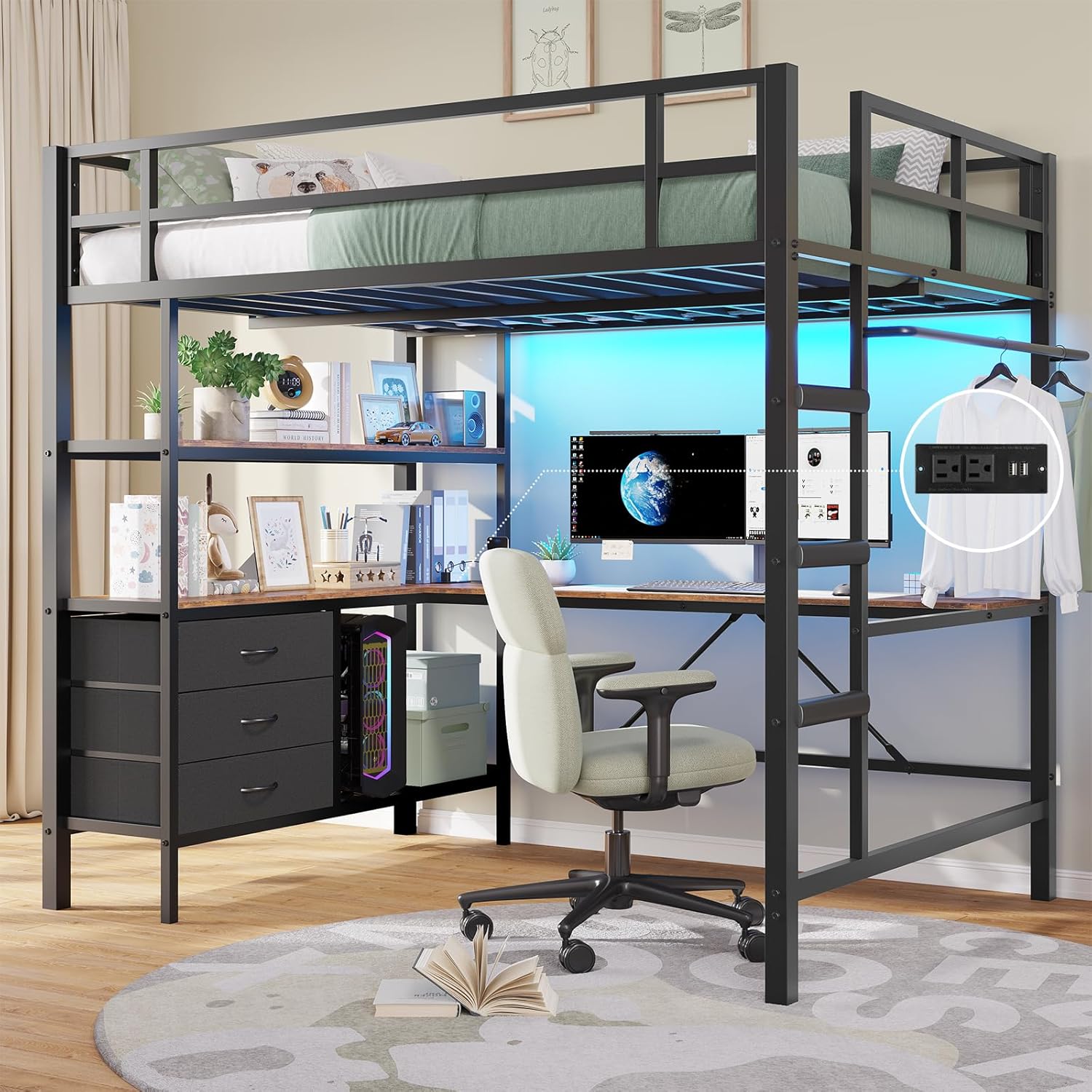 Full Size Loft Bed Frame with Desk&LED Lights&Charging Station&3 Storage Drawers, Black/White/Pink