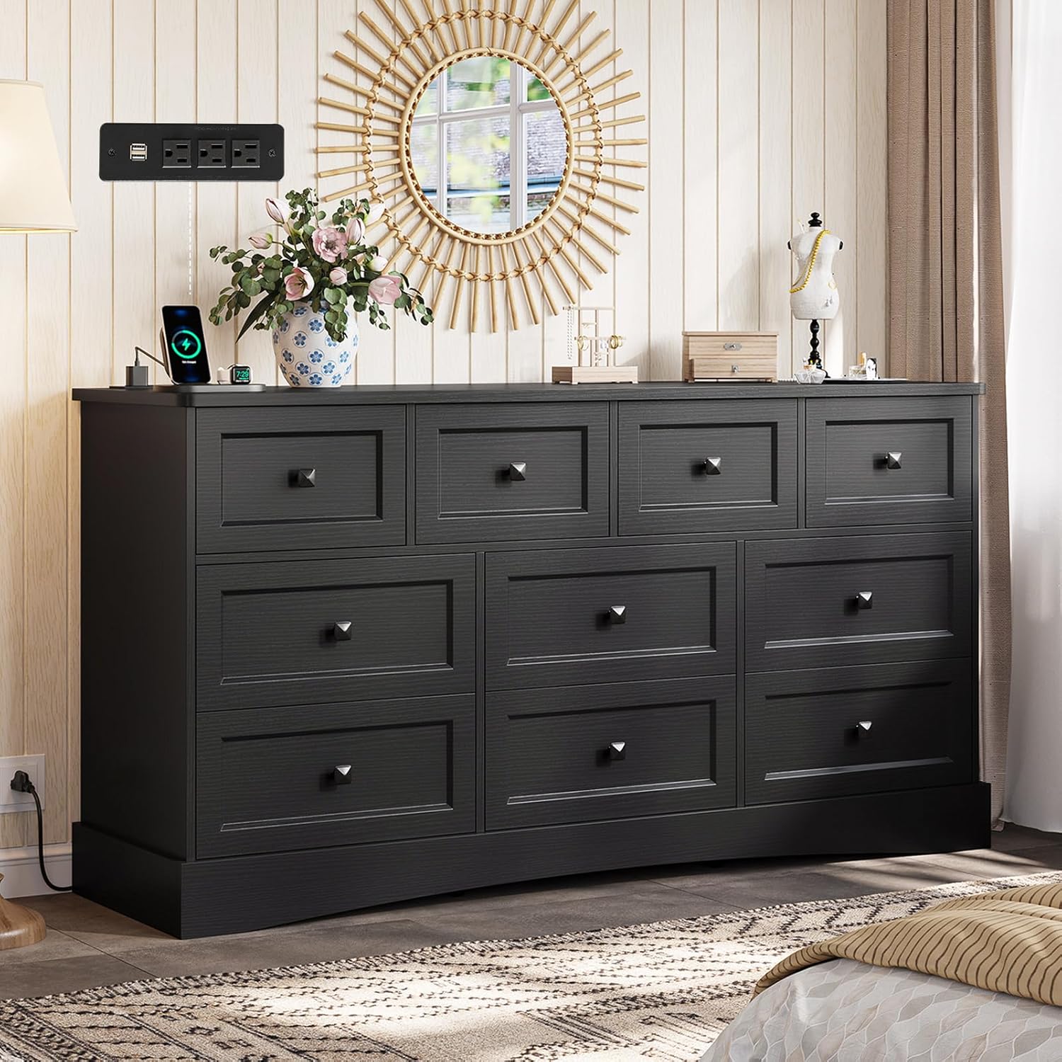 Mabor 10 Drawers Dresser with Charging Station for Bedroom, Farmhouse Chest of Drawers, Black/White