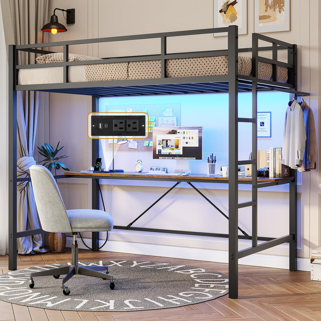 Twin Size Loft Bed Frame with Desk&Charging Station&Led Lights&Clothes Rail, Black/White