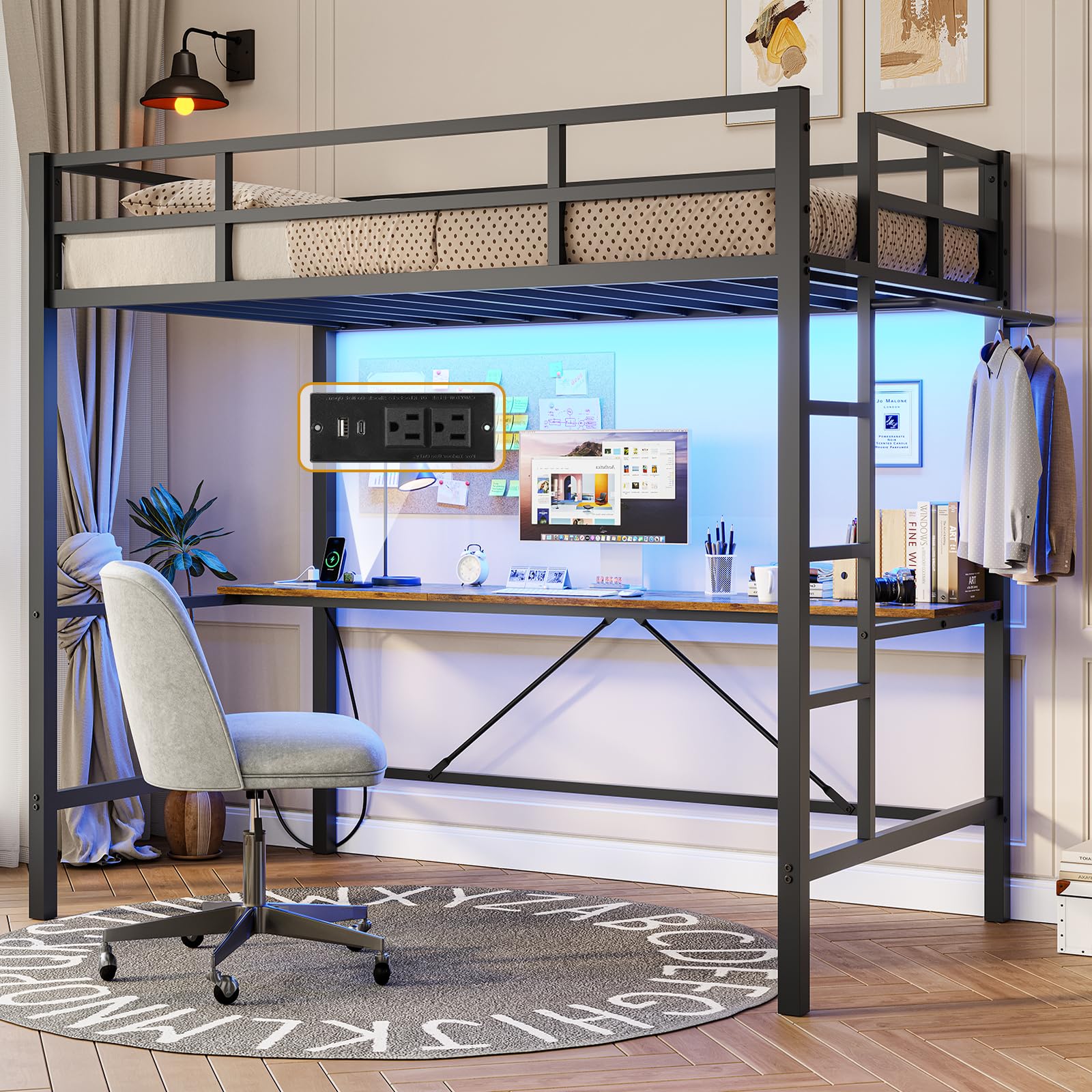 Twin Size Loft Bed Frame with Desk&Charging Station&Led Lights&Clothes Rail, Black/White