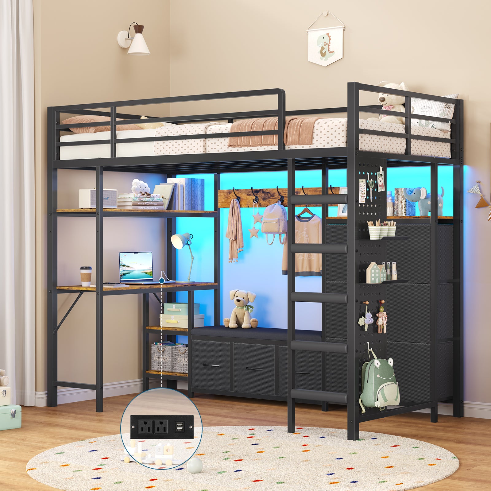 Mabor Twin Size Loft Bed with Desk and 6 Storage Drawers and LED Lights and Charging Station and Large Pegboard,Black/White
