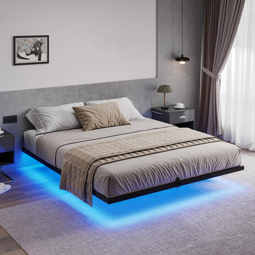 Mabor Metal Floating Bed Frame with LED Lights for Bedroom,No Box Spring Needed,Black/White