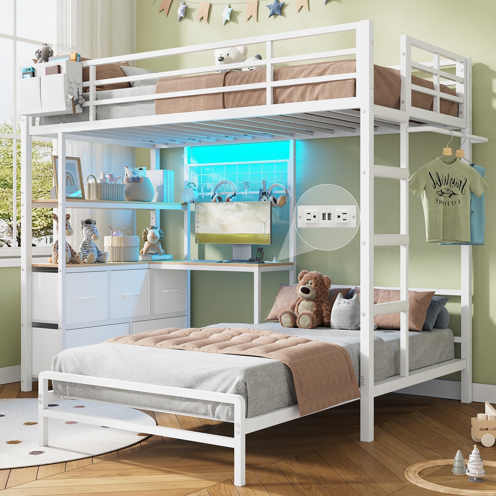 L-Shaped Bunk Bed Twin XL Over Twin Size Metal Bunk Bed with Charging Station and LED Lights and Drawers&Shelves for Bedroom, White