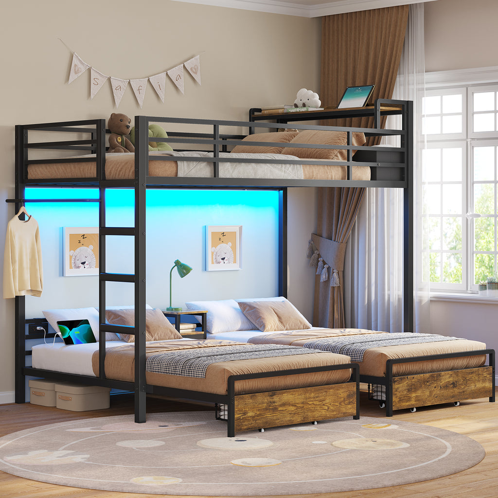 Mabor Triple Bunk Bed with LED Lights and Charging Station, Twin Over Twin Over Twin Loft Bed Frame with 3 Storage Drawers&Study Desk&Guardrails and Ladder, Black/White