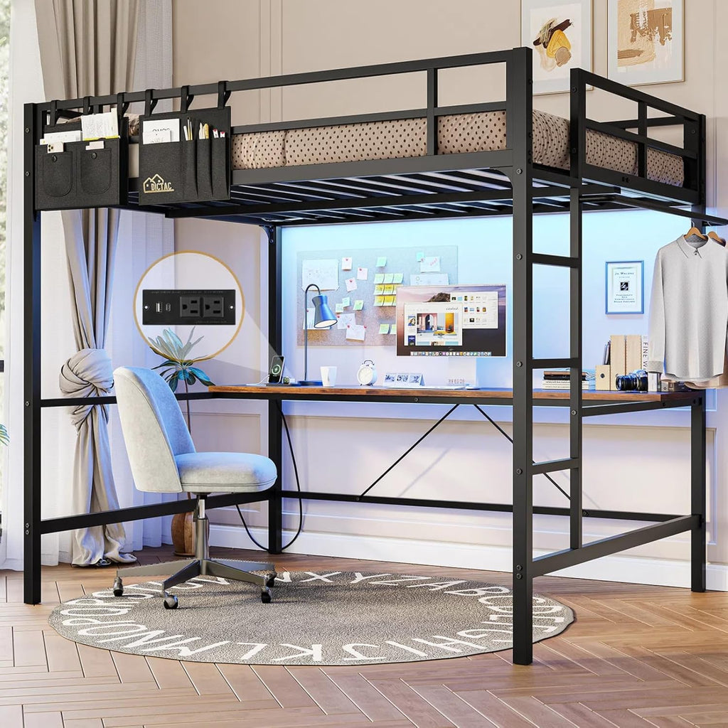 Loft Bed Frame Full Size Heavy Duty Metal Loft Bed with Desk&Charging Station&Led Lights&Clothes Rail, Safety Guard & Ladder, No Noise, Black