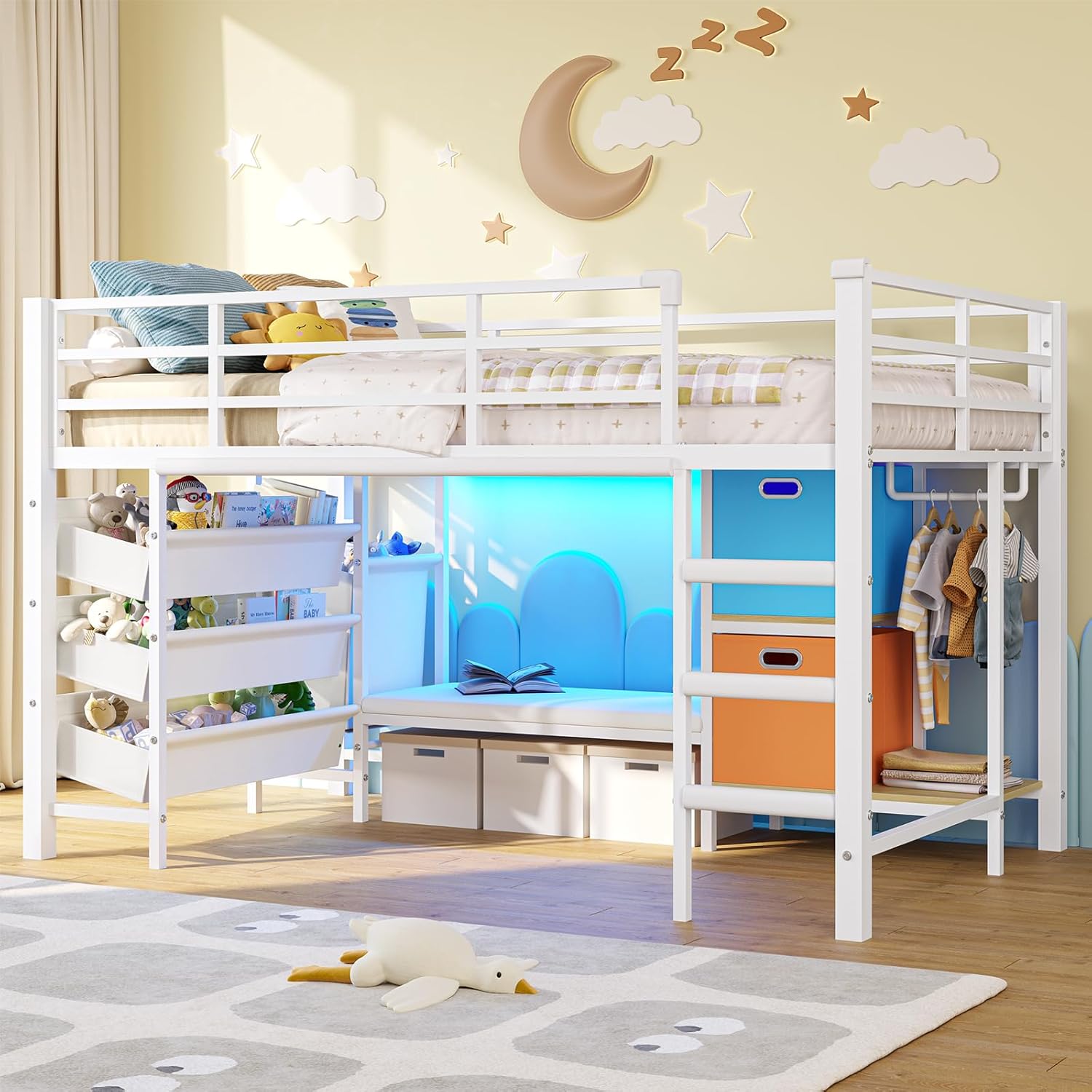 Mabor Twin Size Loft Bed with LED Lights & Reading Bench & Bookshelf & Storage Basket & Stairs for Bedroom, Black/White/Pink